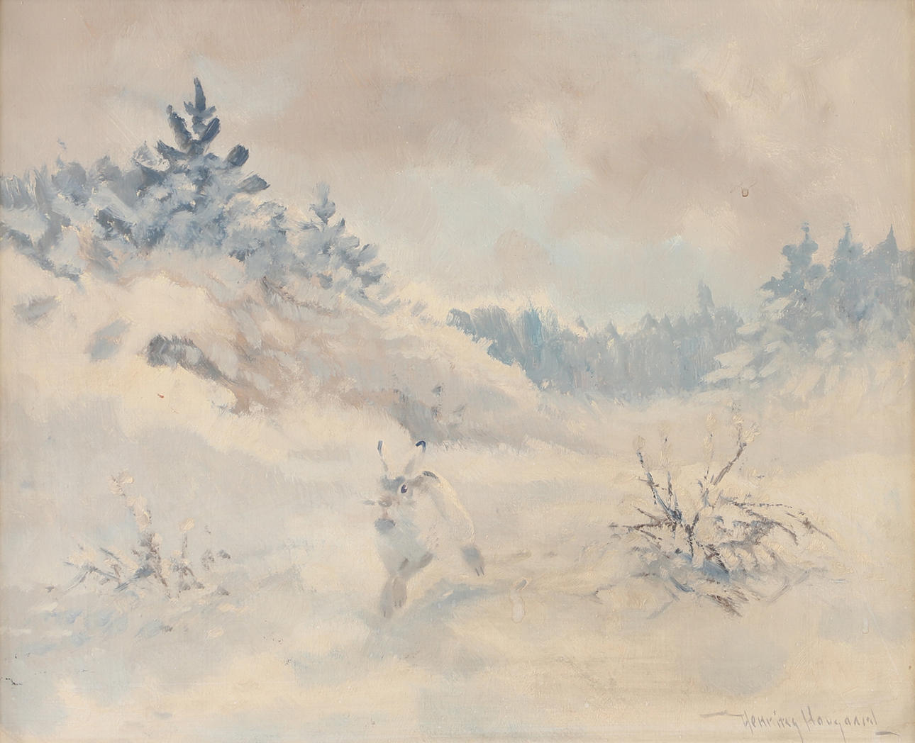 HENNING HOUGAARD. Winter hare, oil on panel, signed.