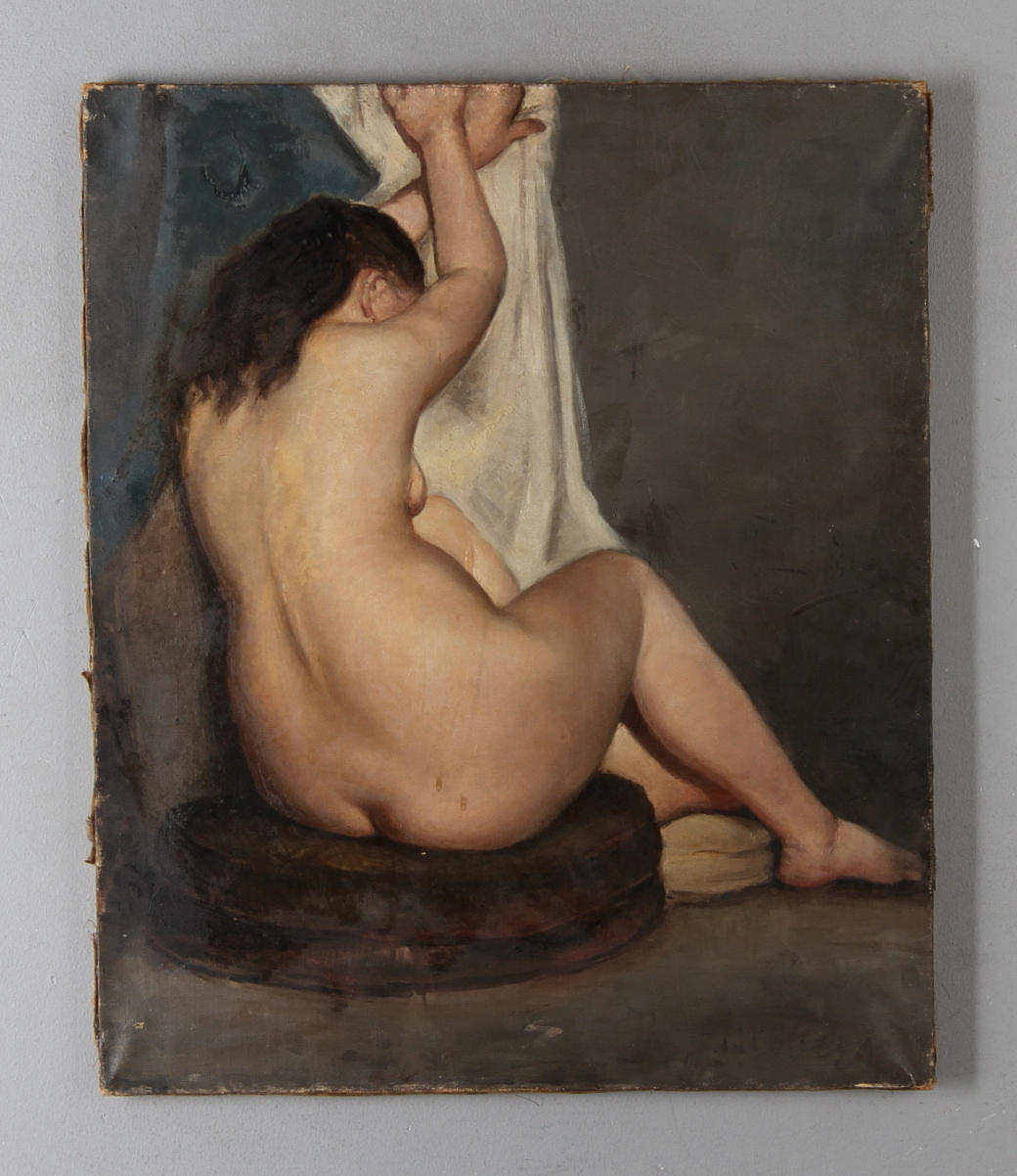 THEODOR LINDBERG. Nakenstudie, olja på duk, dubbelsignerad, 1800-talets andra hälft.
