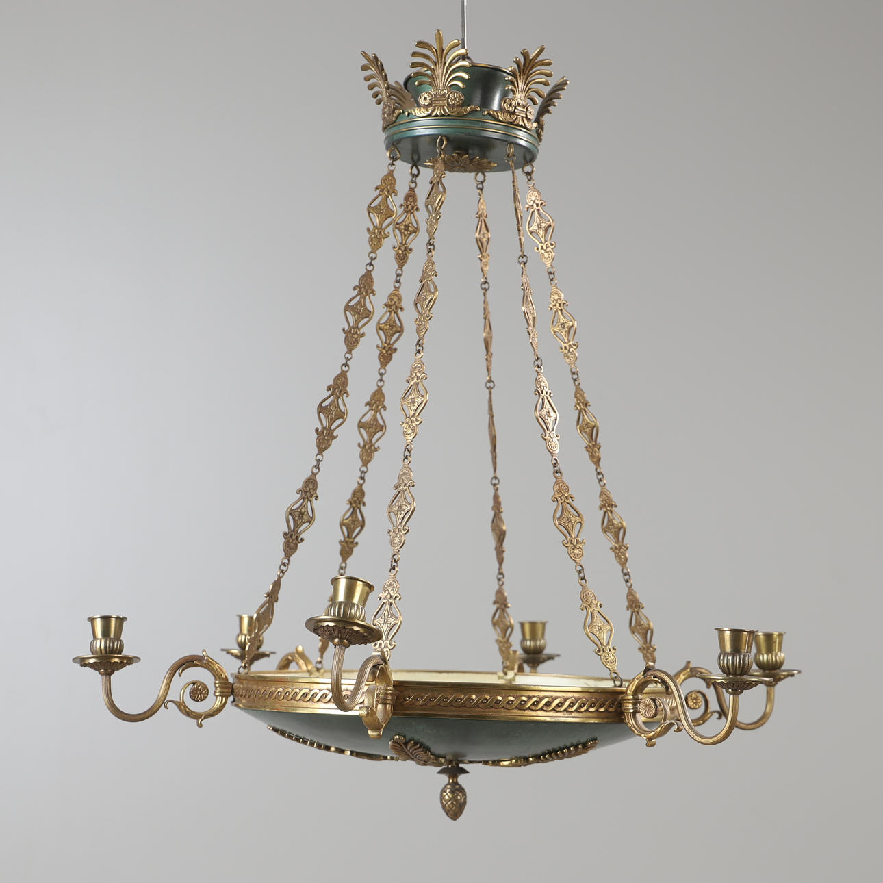 CHANDELIER, 6-arm, brass, empire style.
