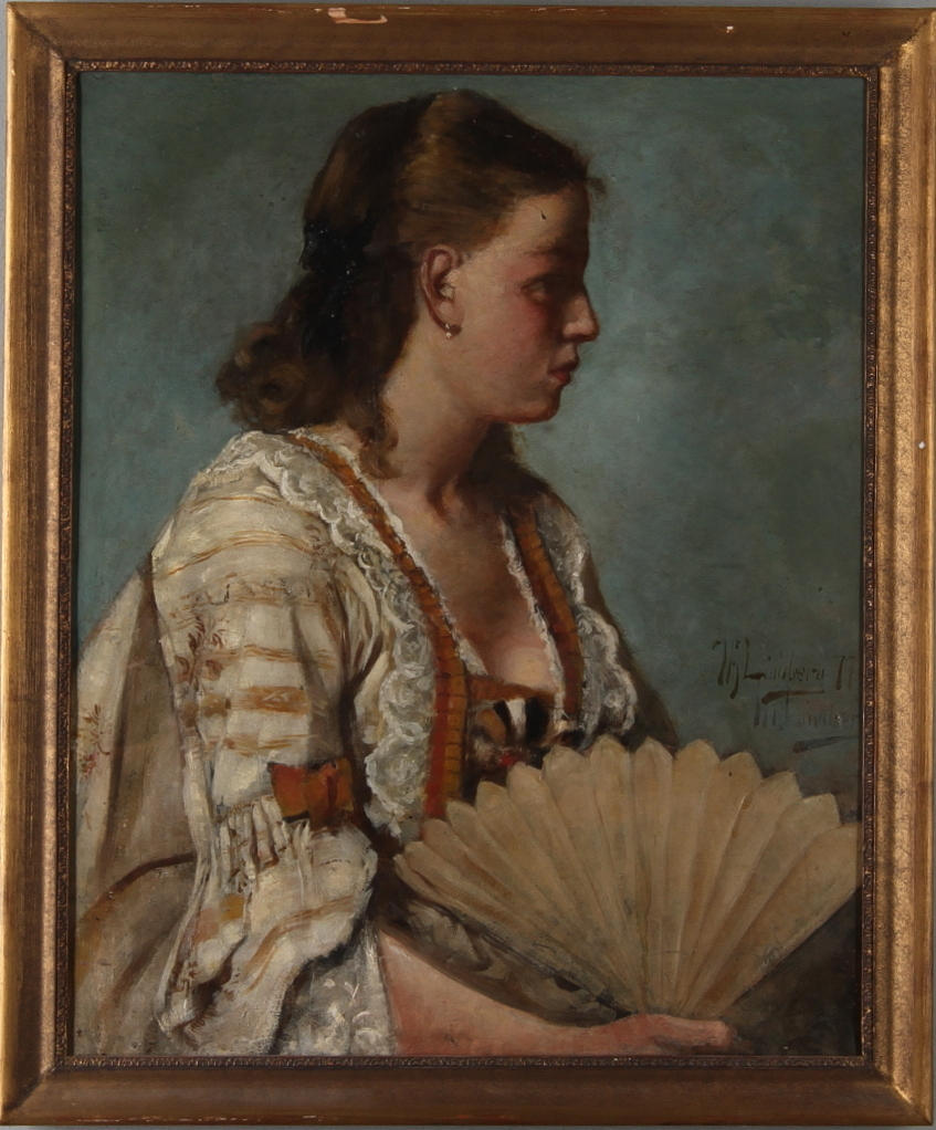 THEODOR LINDBERG. Porträtt av kvinna i profil, olja på duk, dubbelsignerad samt daterad 77, 1800-tal.