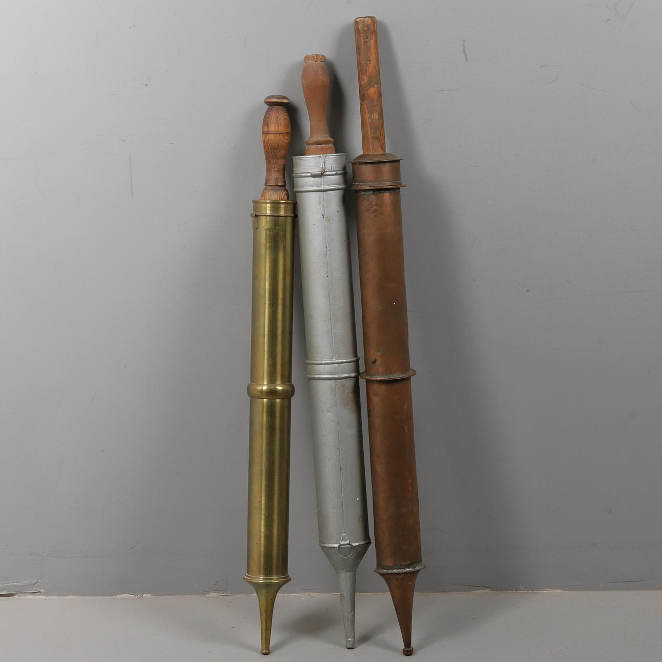 FIRE SPRAYERS. 3 pcs. Brass Skultuna, copper and white metal.