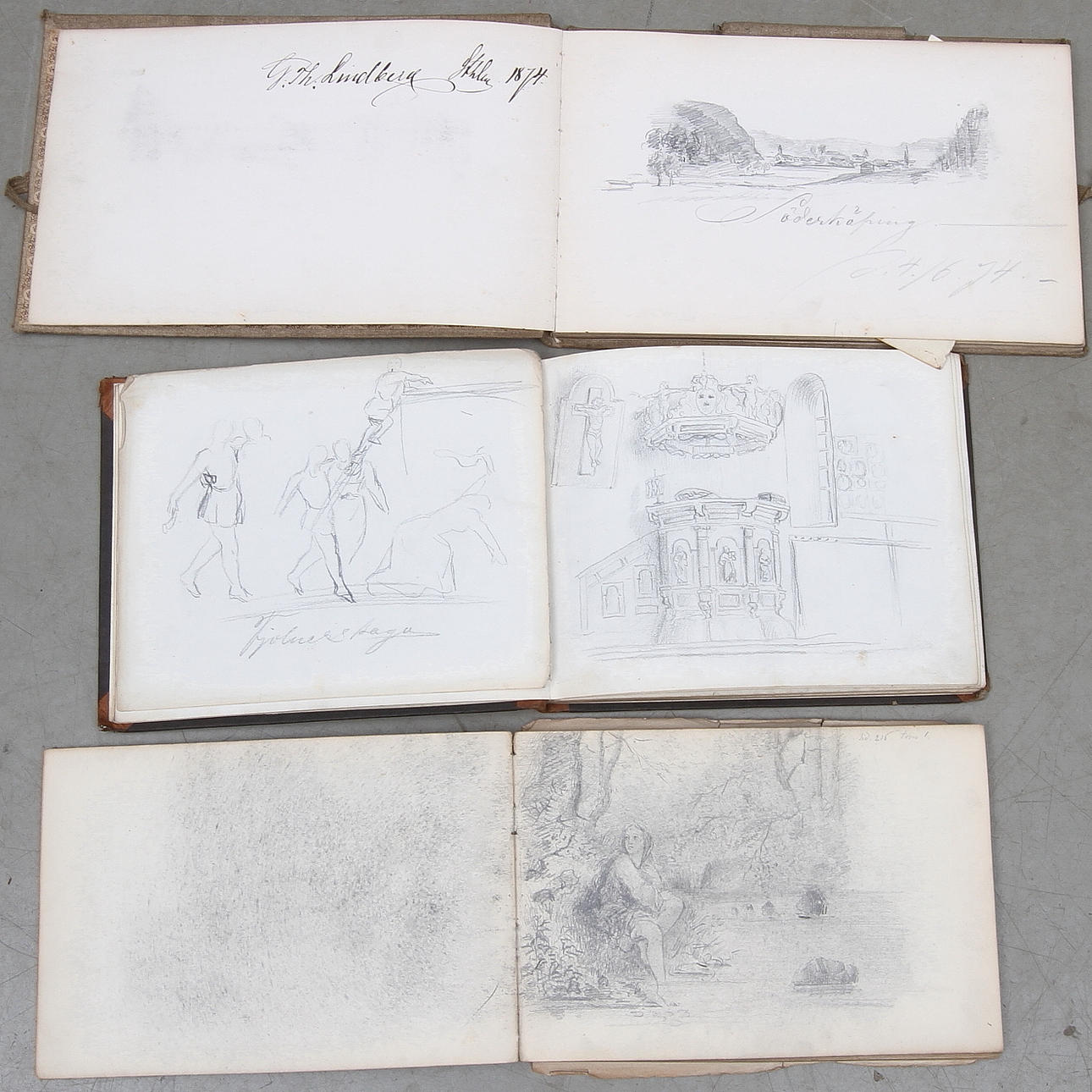 THEODOR LINDBERG. 3 st skissblock, 1800-talets andra hälft.