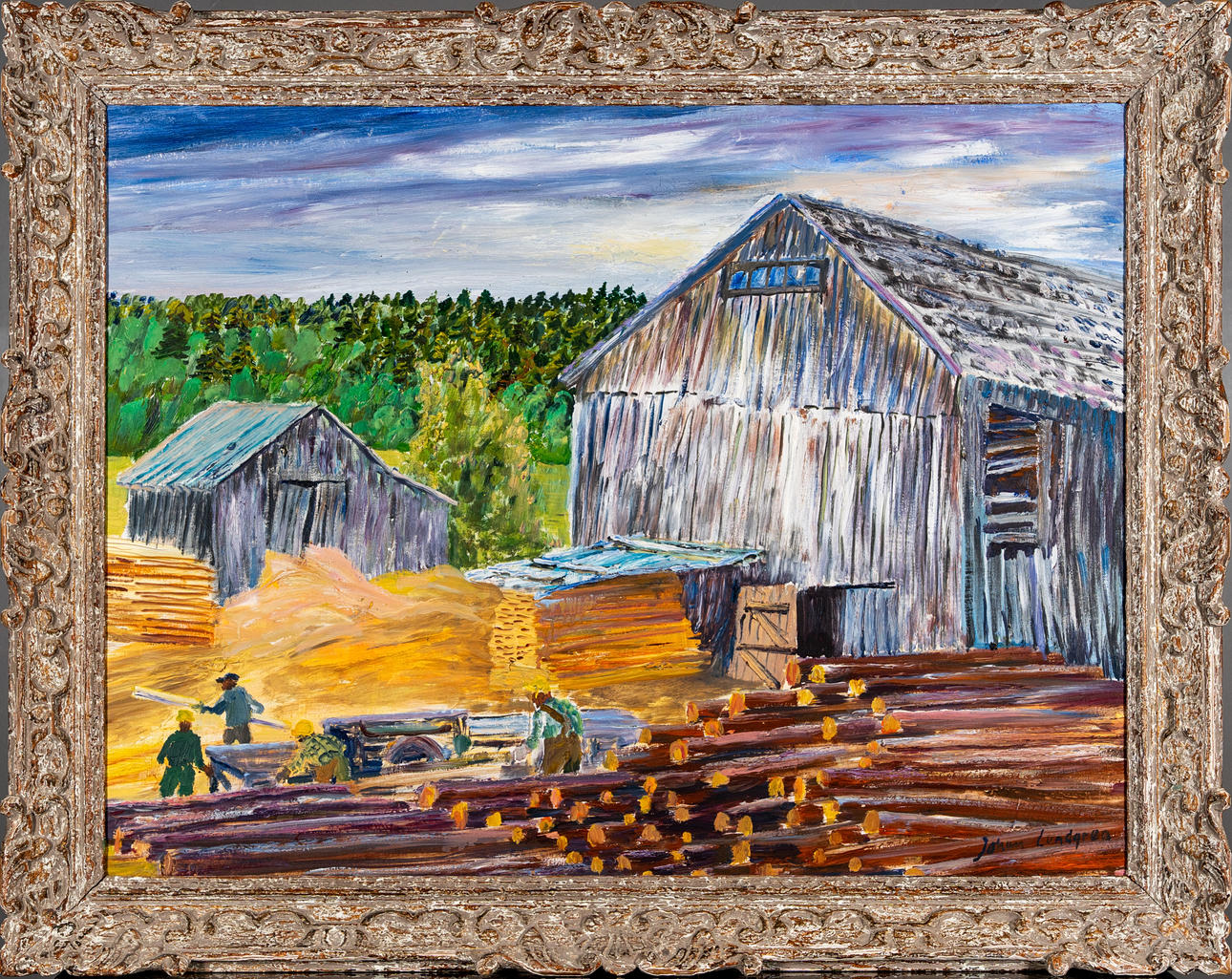 JOHAN LUNDGREN. Oil on panel “Timmerworker” Signed 20th century.