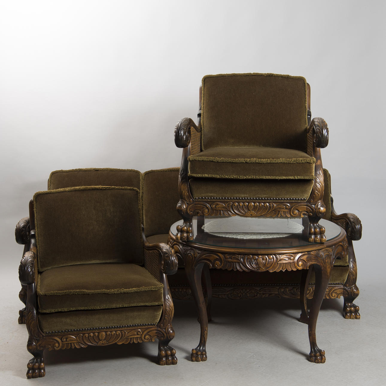 SALONGSGRUPP, plysch/björk med nät i rygg och sidor, chippendalestil.