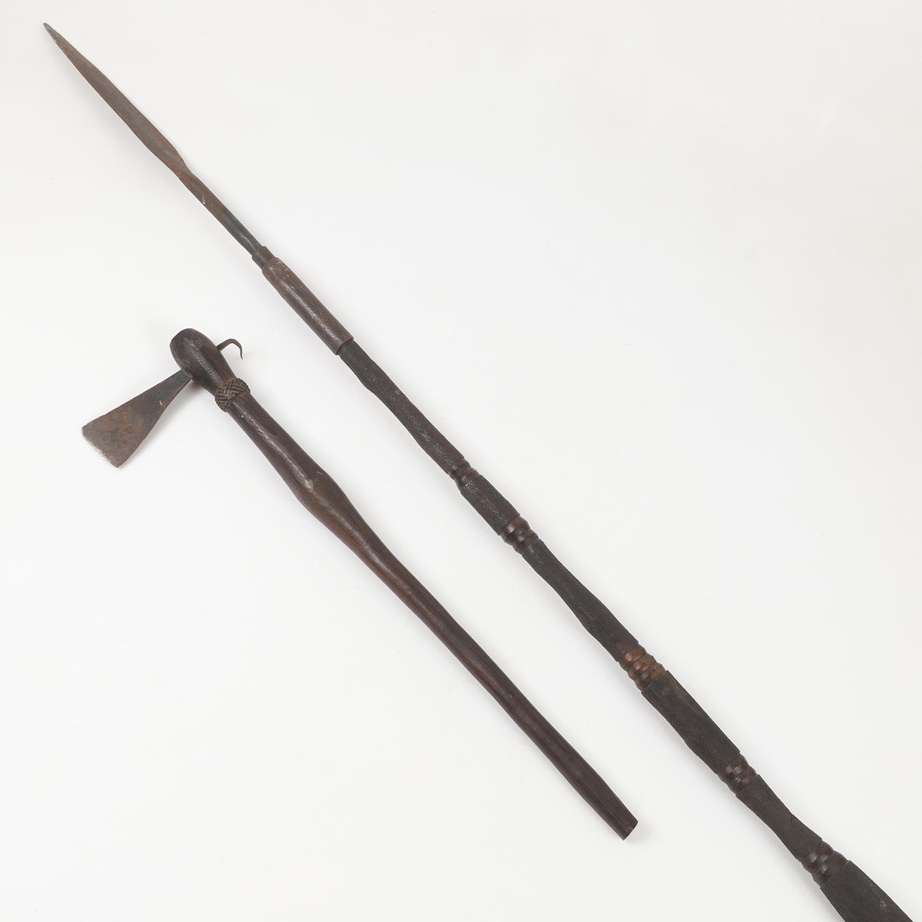 SPEAR AND AXE, wood/metal.