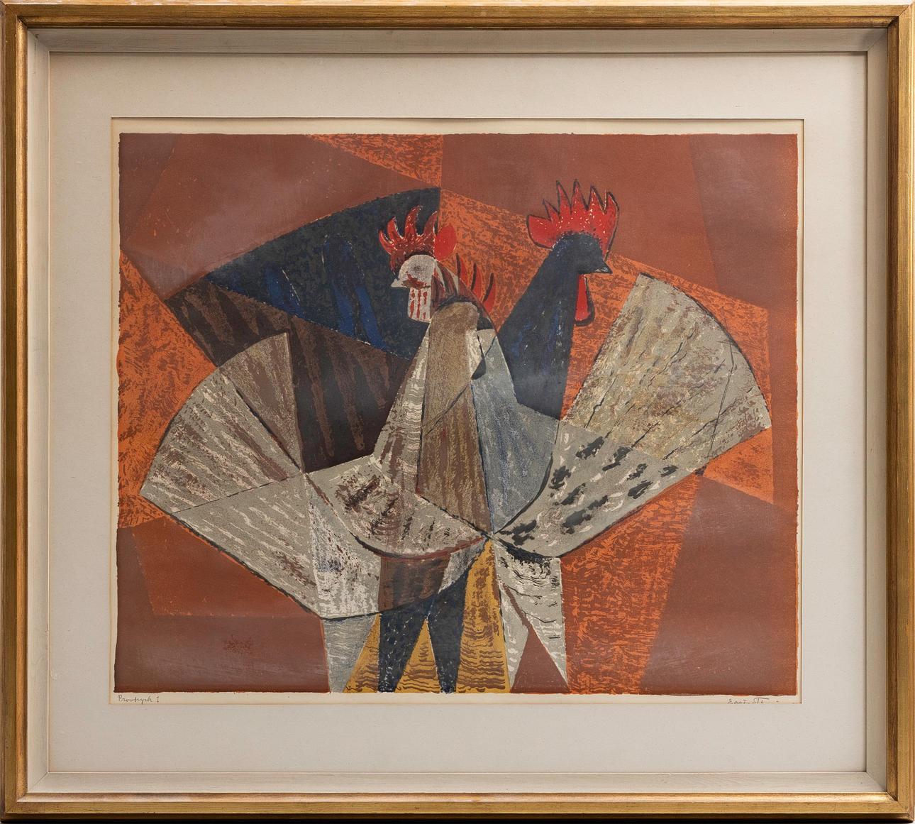 ESAIAS THORÉN. composition with roosters, lithograph, Sample print 1, signed.