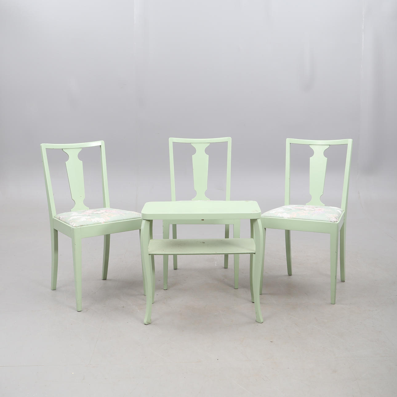 CHAIRS, 3 pieces and table, 4 pieces.