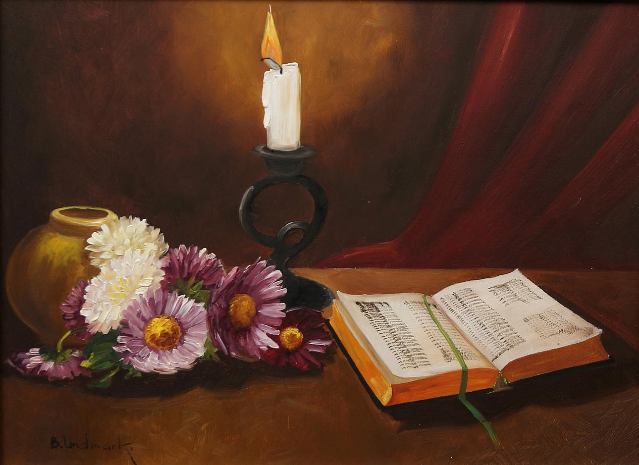 OIDENTIFIERAD KONSTNÄR. oil on boiler, signed B Lindmark.