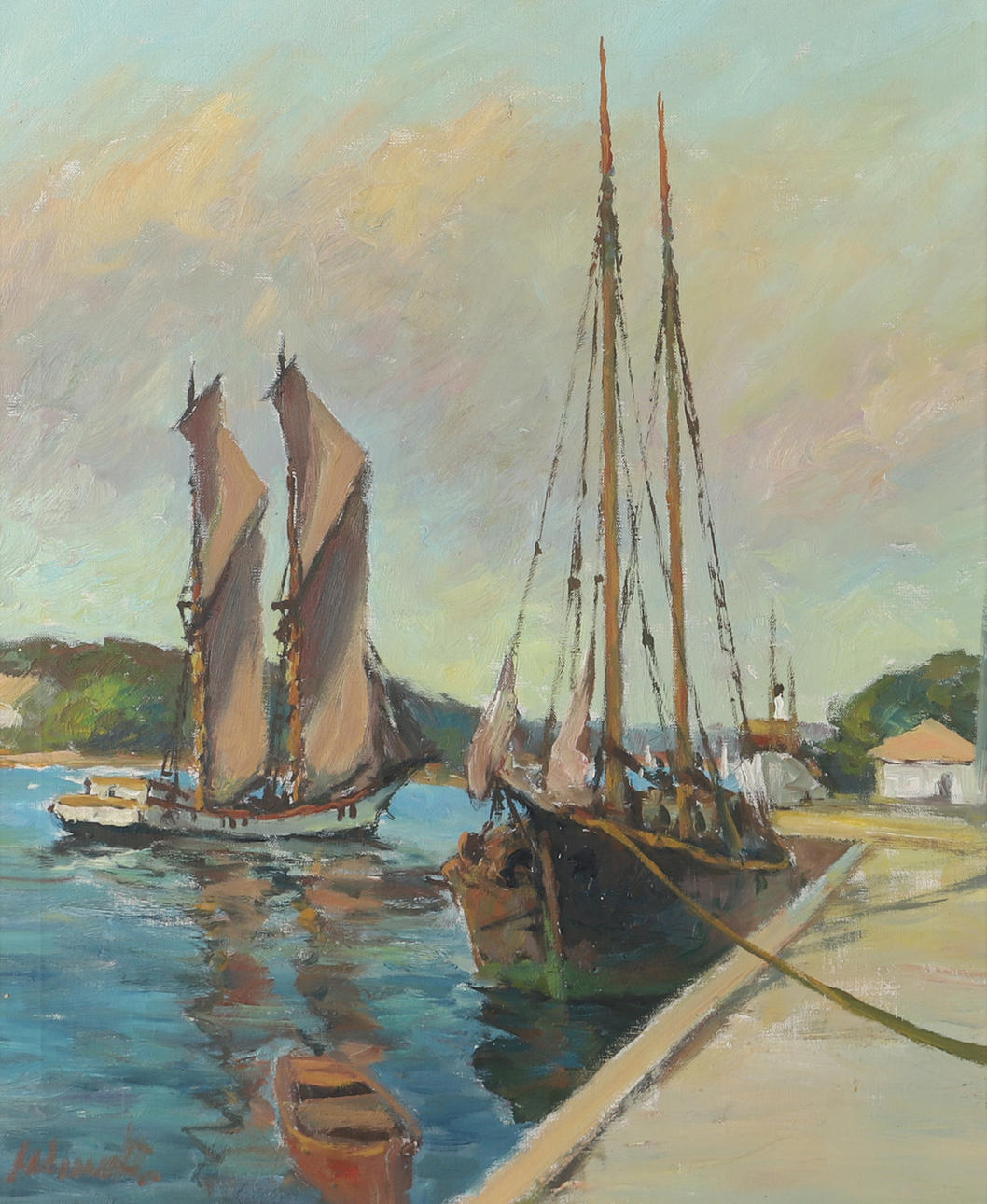 HELMUTH WICKSTRÖM. Ship at dock, oil on canvas, signed.