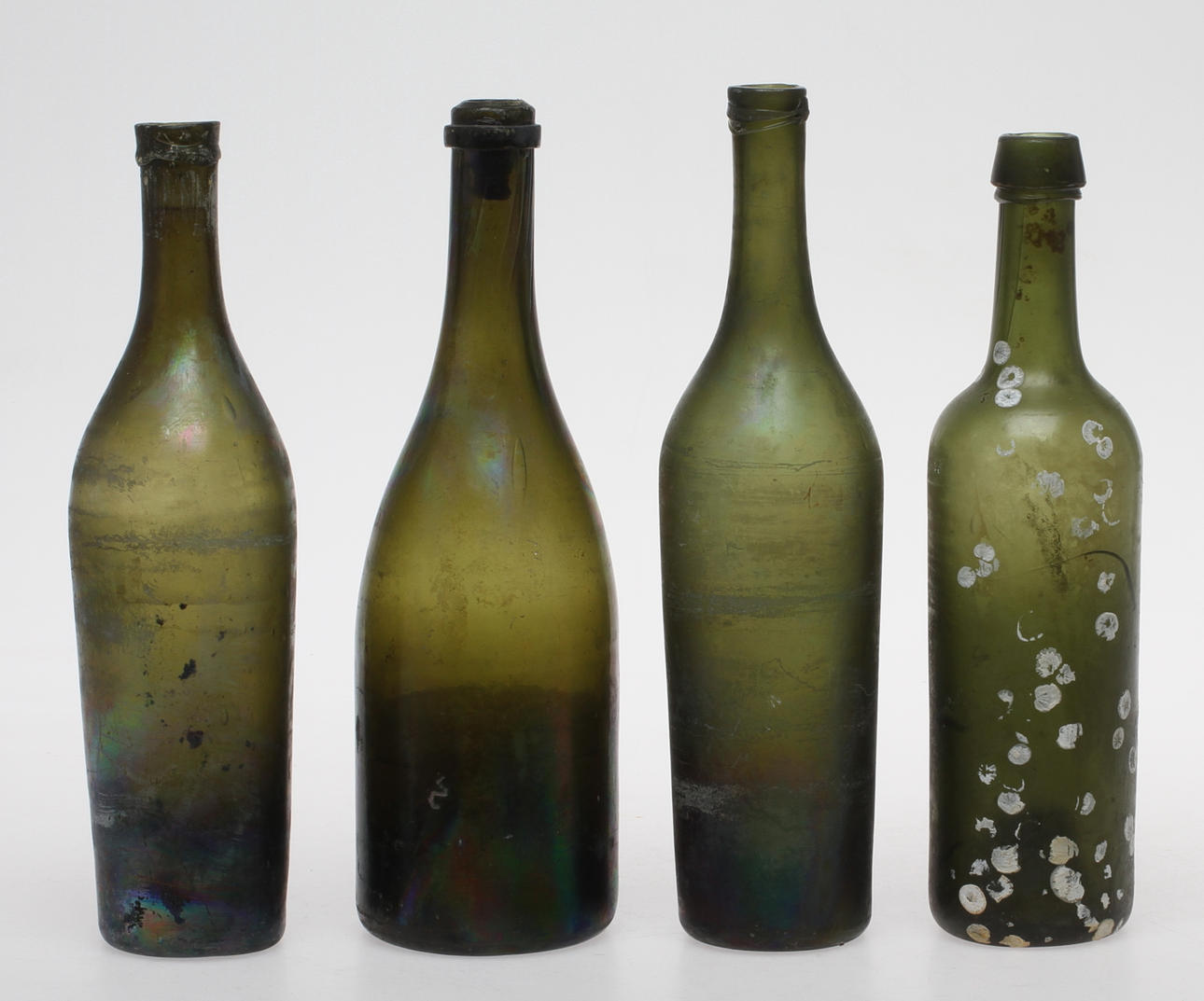 BOTTLES, 4 pcs, glass, 1800s.