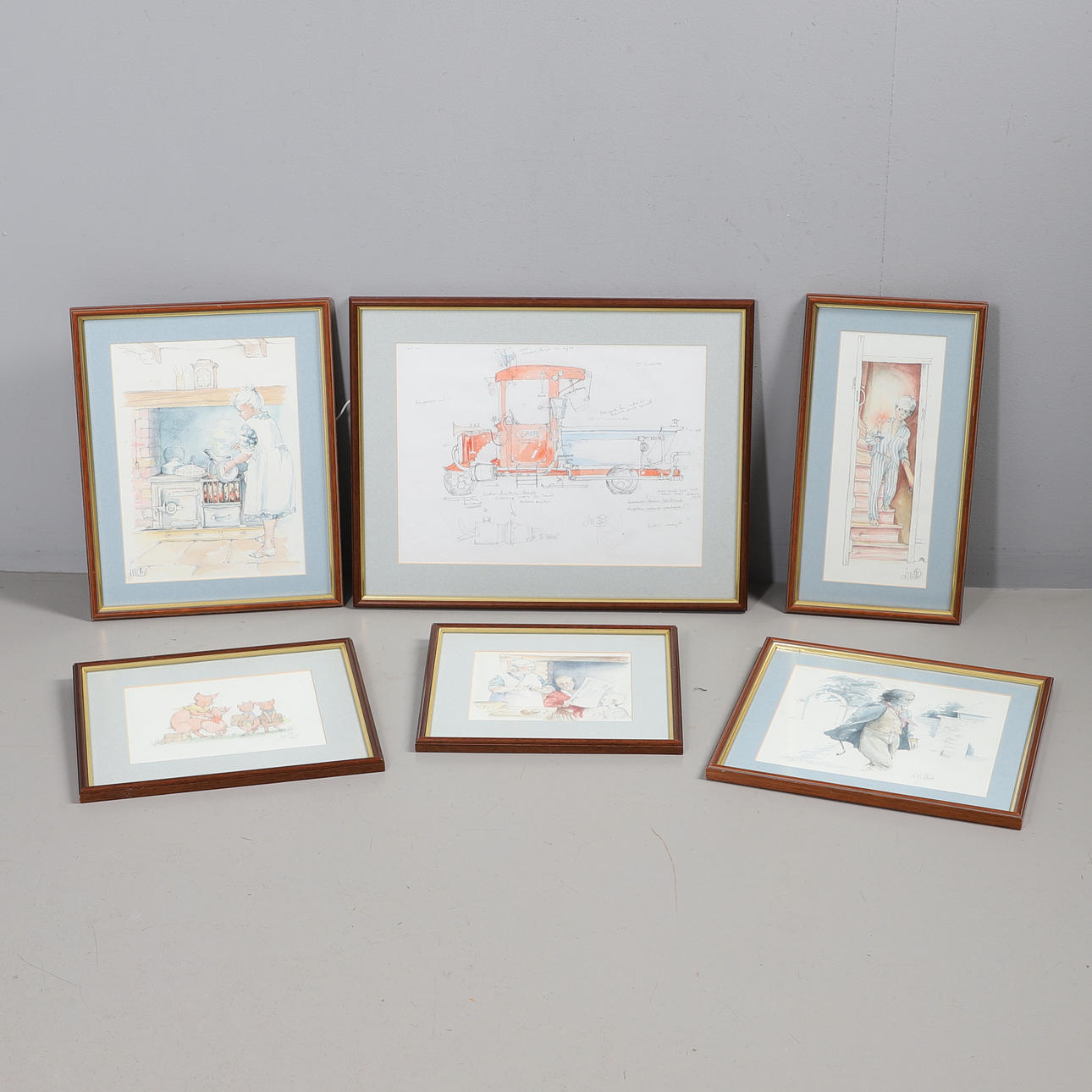 SIX FRAMED COLOURED PENCIL SKETCHES.
