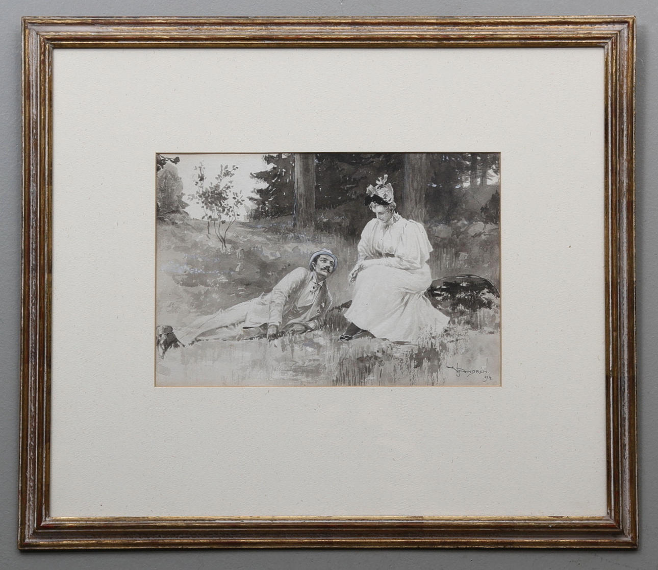 VIKTOR "VICKE" ANDRÈN. Paus i det gröna. Tuschlavering med täckvitt. Signerad V.ANDRÈN och daterad 94.