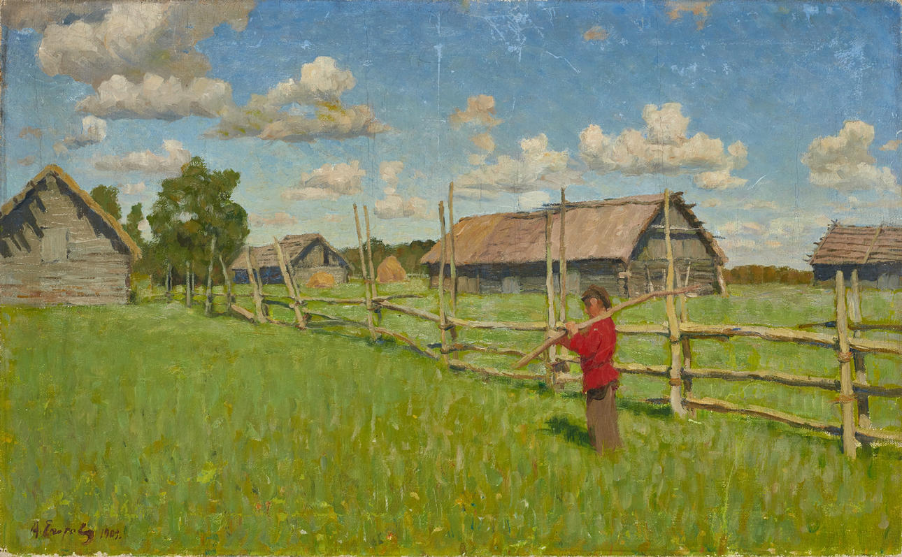 OIDENTIFIERAD KONSTNÄR. Farm in summer landscape, signed and dated 1909, likely Russia, oil on canvas.