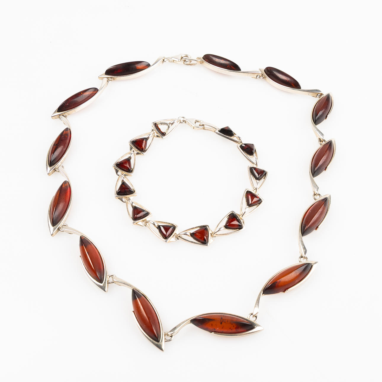 NECKLACE & BRACELET, silver & amber.