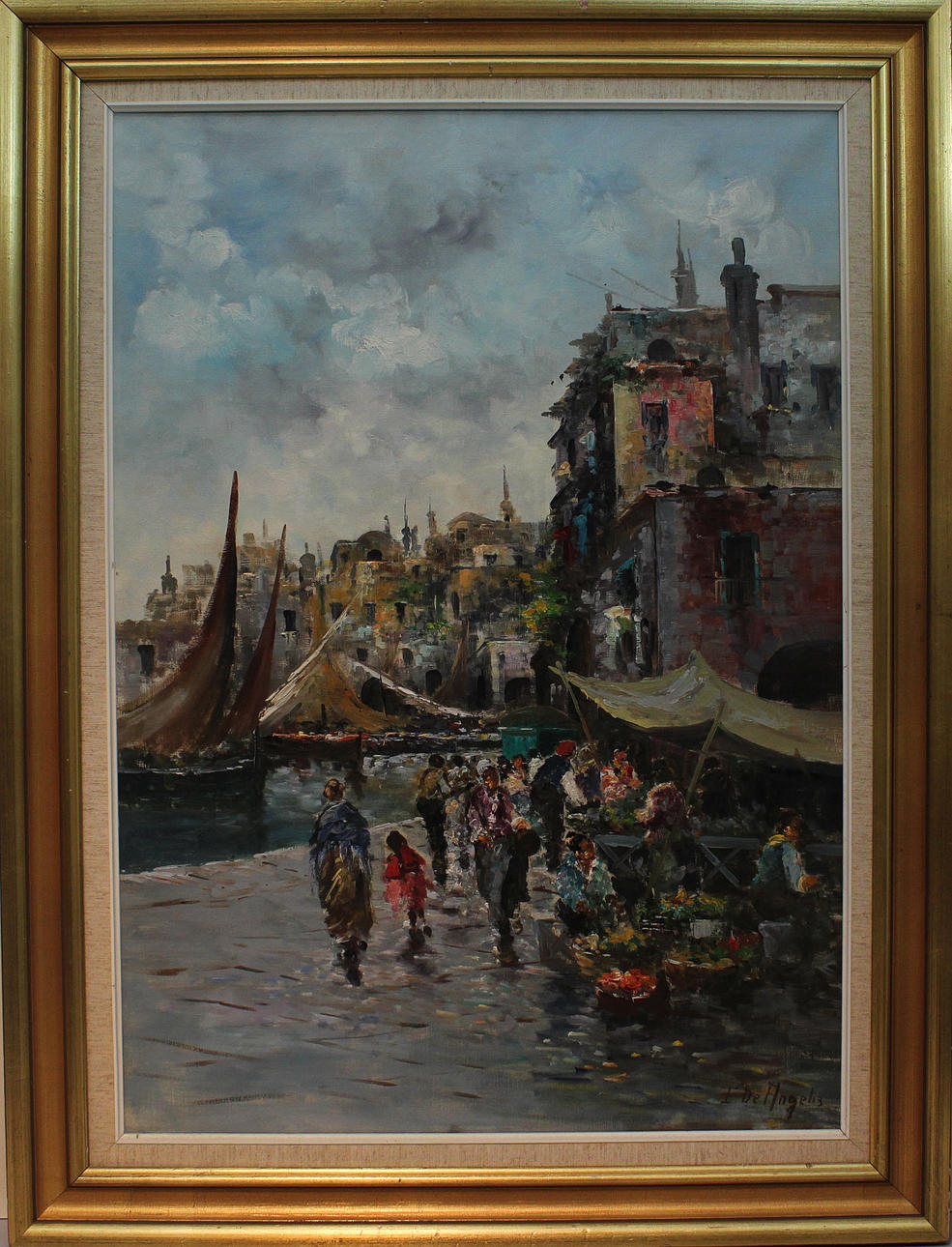 OIDENTIFIERAD KONSTNÄR. Sydländskt stadsmotiv. Olja på duk. Signerad F De Angelis.