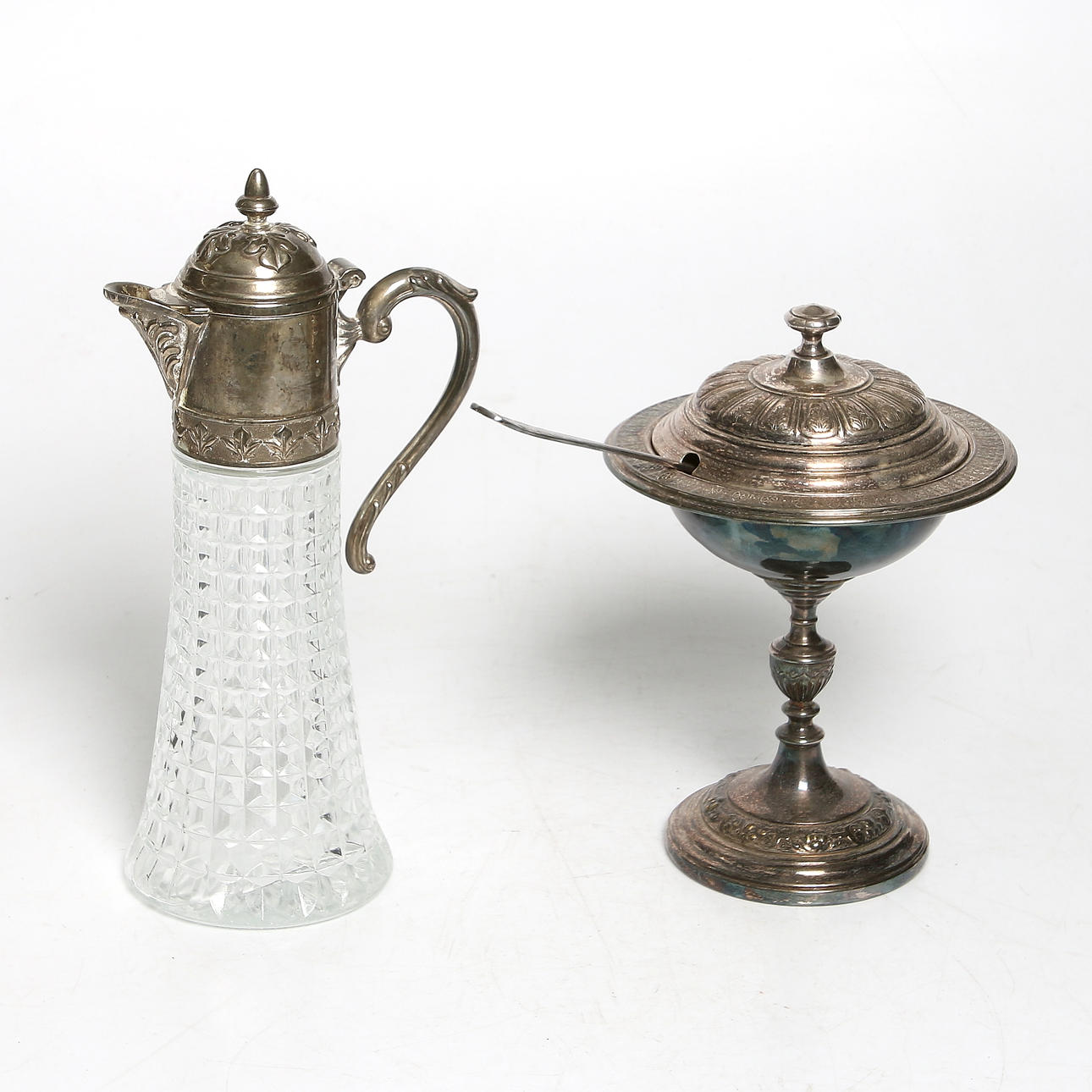 VINKANNA, nysilver och glas, SOCKERSKÅL, SKED, nysilver, 1900-talets första hälft.
