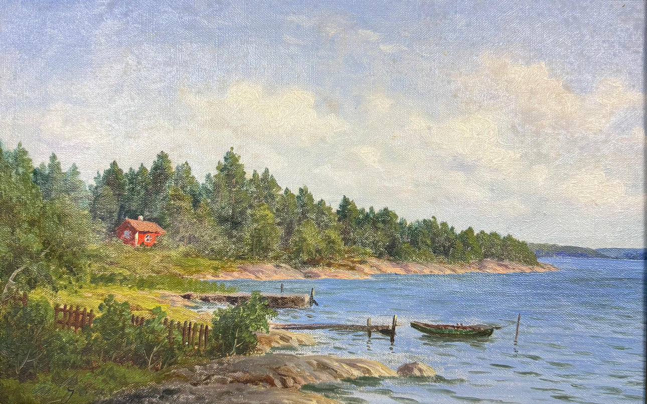 OLJEMÅLNING. stuga vid sjön, signerad.