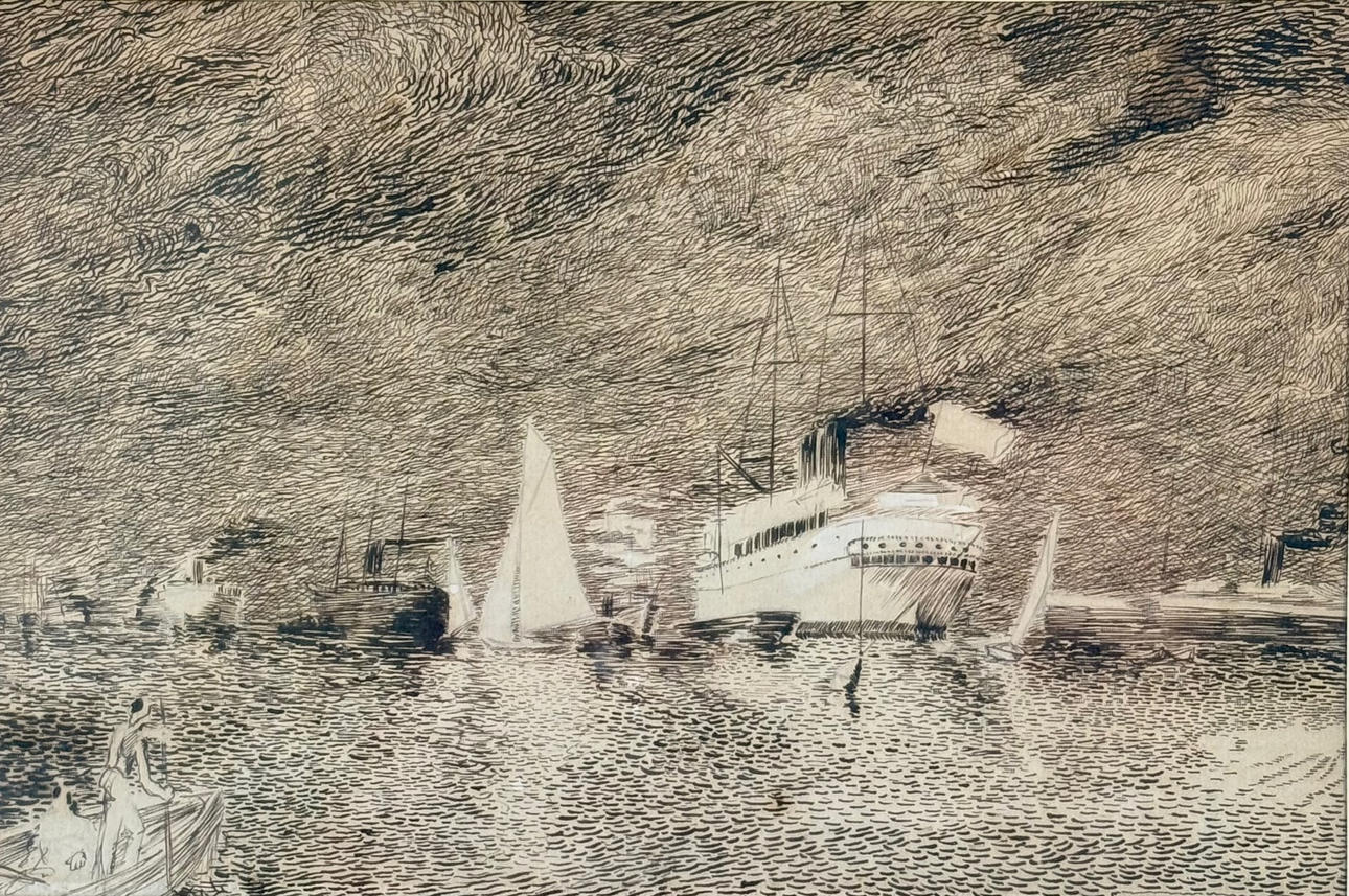 ERNST ANDERSSON THORS. Etching, Harbour motif, signed.