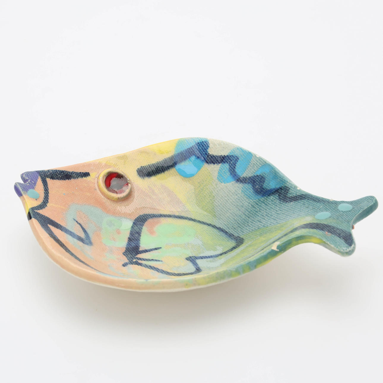 FAT, in the shape of fish, hand painted, ceramic, signed, dated -96.