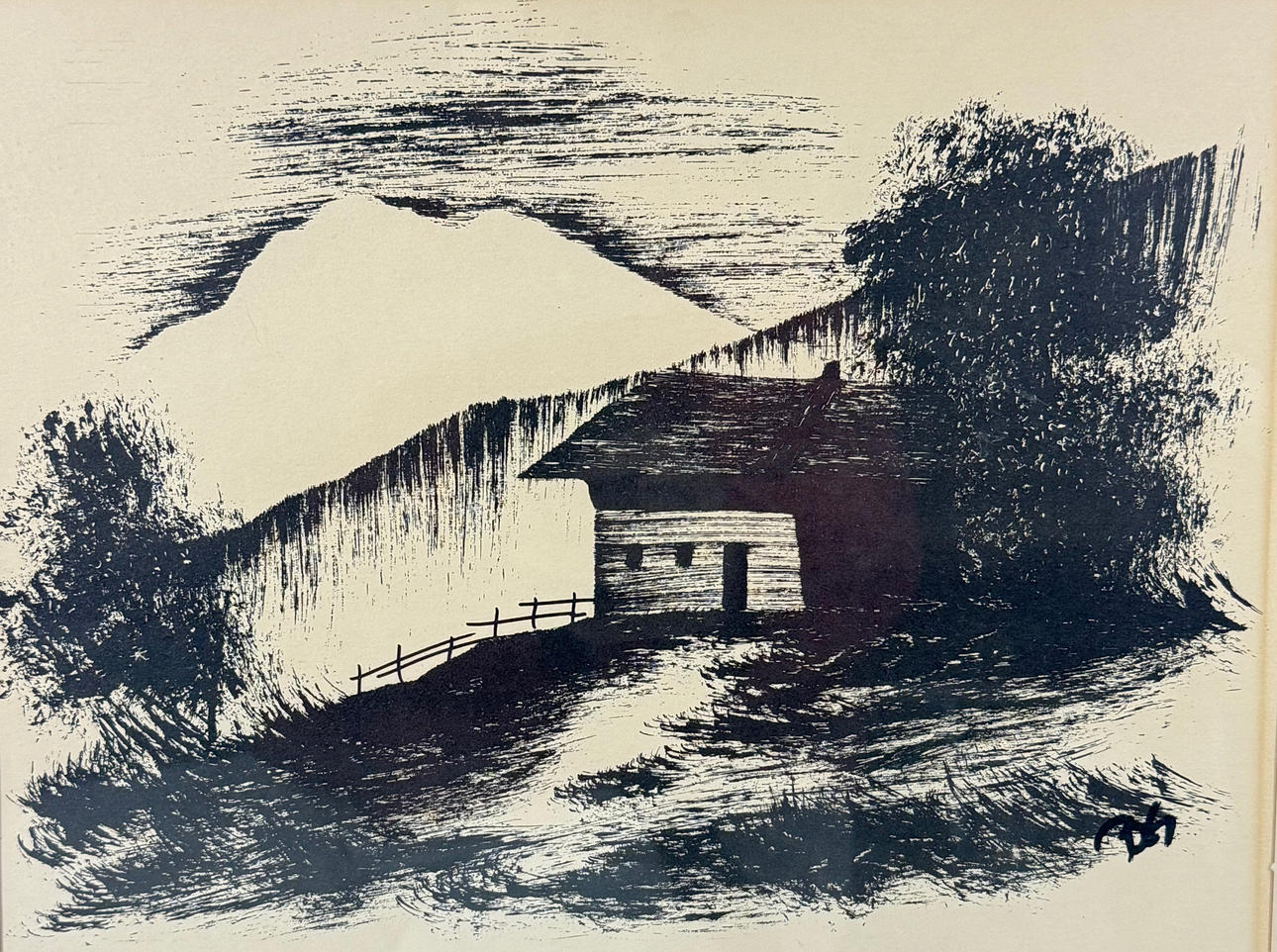 OIDENTIFIERAD KONSTNÄR. charcoal/ink, signed BG, “barn on slope”.