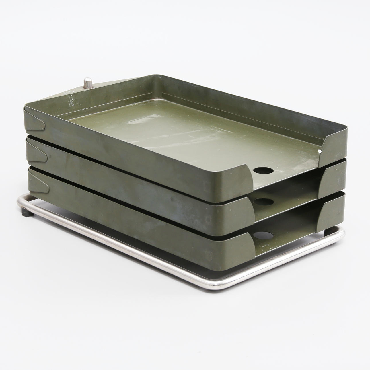A 3-compartment metal document rack, mid 20th century.