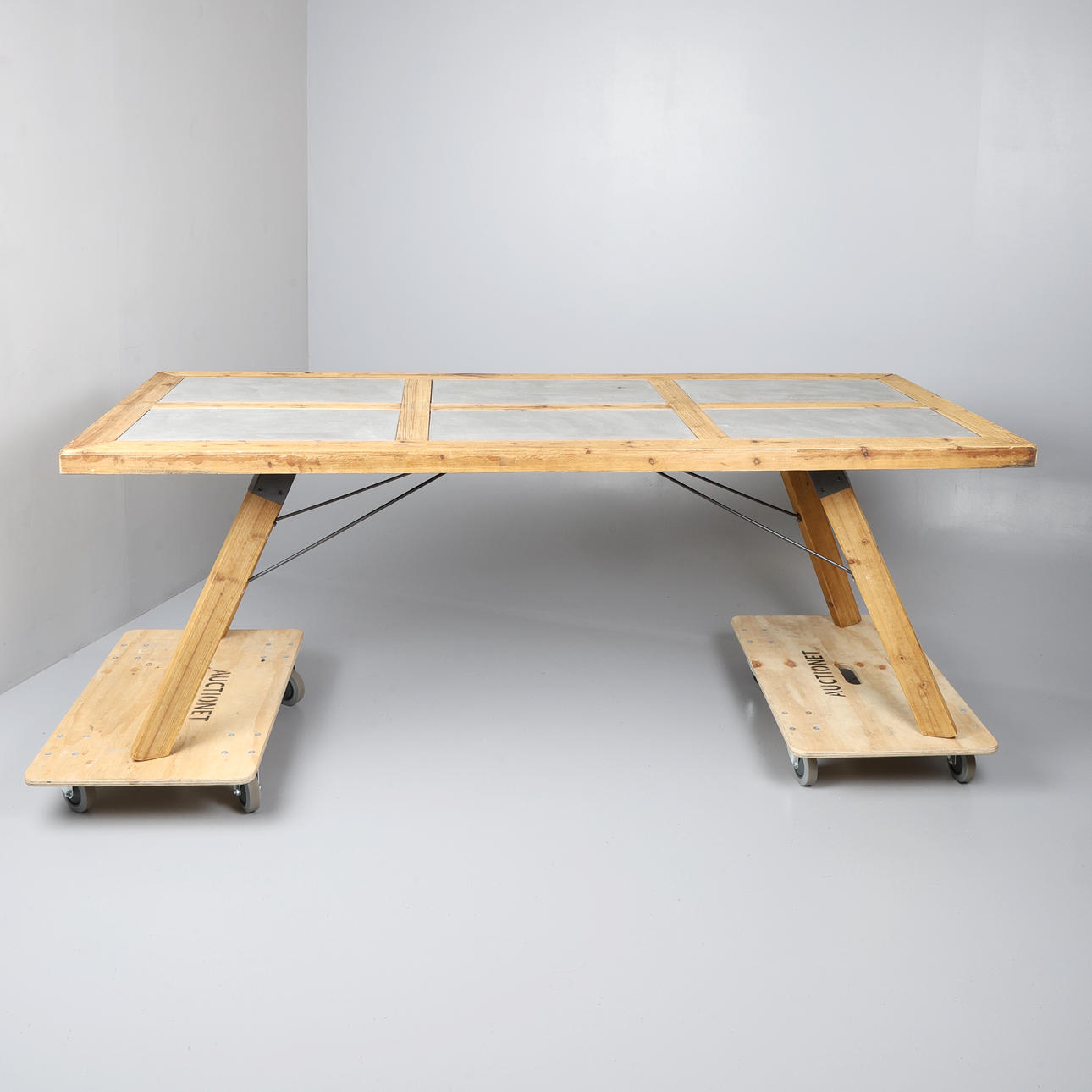 PINE DINING TABLE WITH SLATE INSERTS.