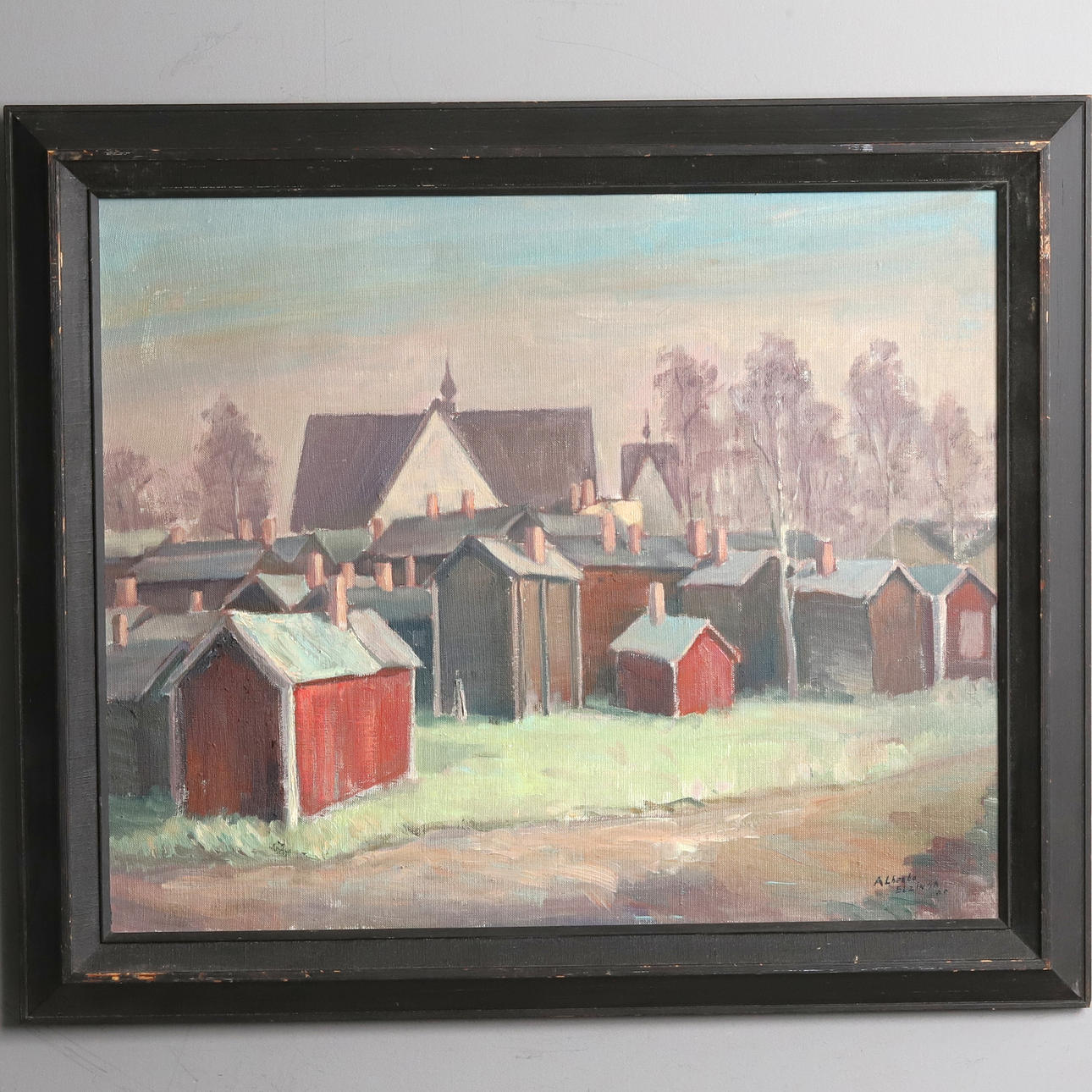 OIDENTIFIERAD KONSTNÄR. OIL ON CANVAS, “Kyrkbodar”, signed.