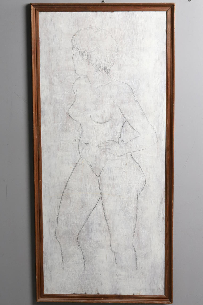 OKÄND KONSTNÄR. NUDE STUDY ON PANEL, Hook drawing, pencil.