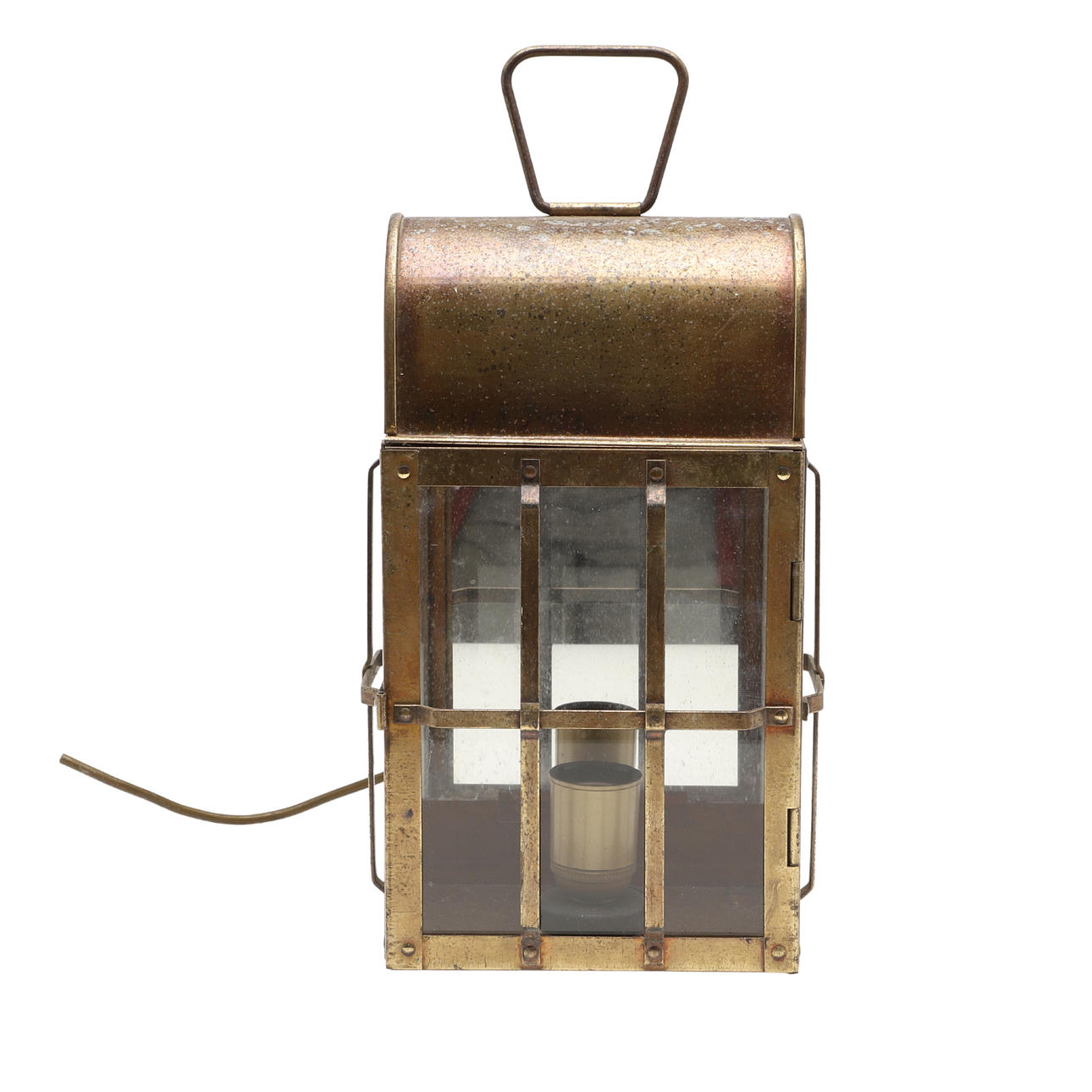 A MODERN BRASS & GLASS CASED HALL LANTERN.