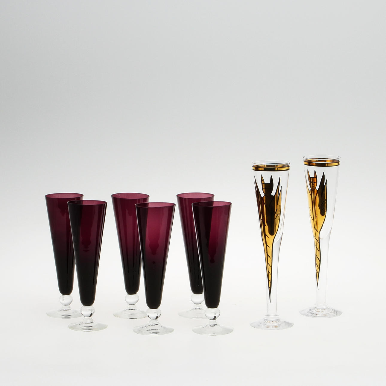 CHAMPAGEGLAS, 2+6 st, Ulrika Hydman Vallien, Kosta Boda samt okänt glasbruk, 1900-talets första hälft.