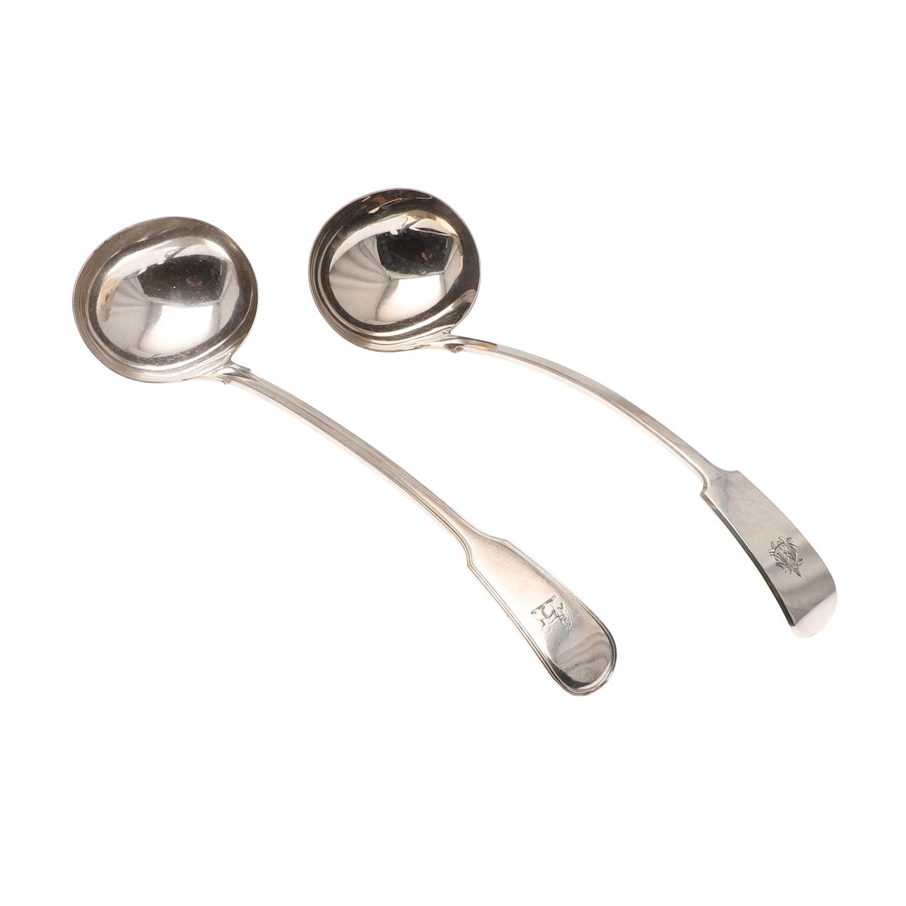 TWO SILVER PLATED SOUP LADLES.