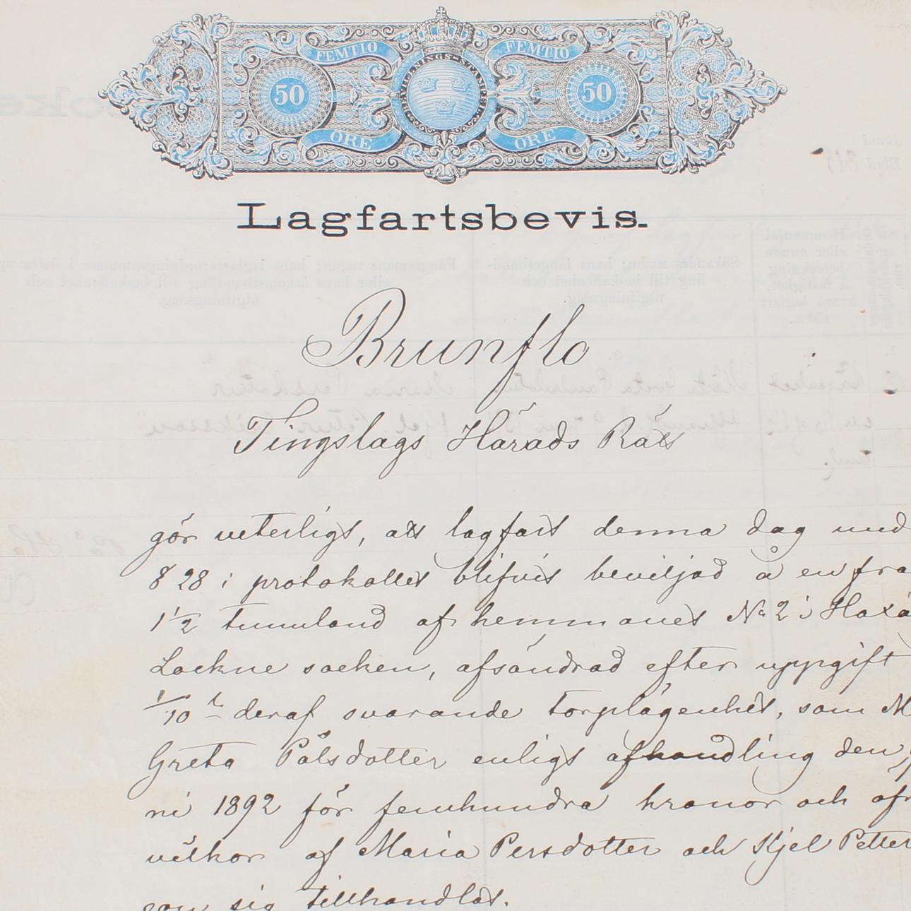 LAGFARTSBEVIS, 5 st. Brunflo, 1892 - 1900.