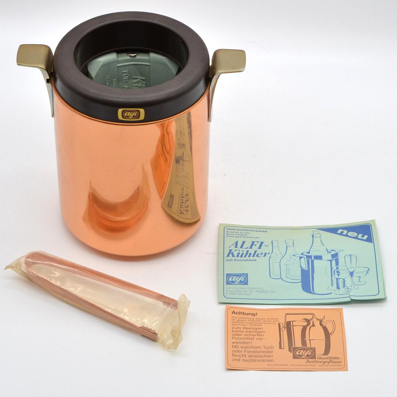 ALFI, BOTTLE COOLER WITH COOLING ELEMENTS, BRASS AND PLASTIC, WITH INSTRUCTIONS AND ICE TONGS, GERMANY CIRCA 1970S.