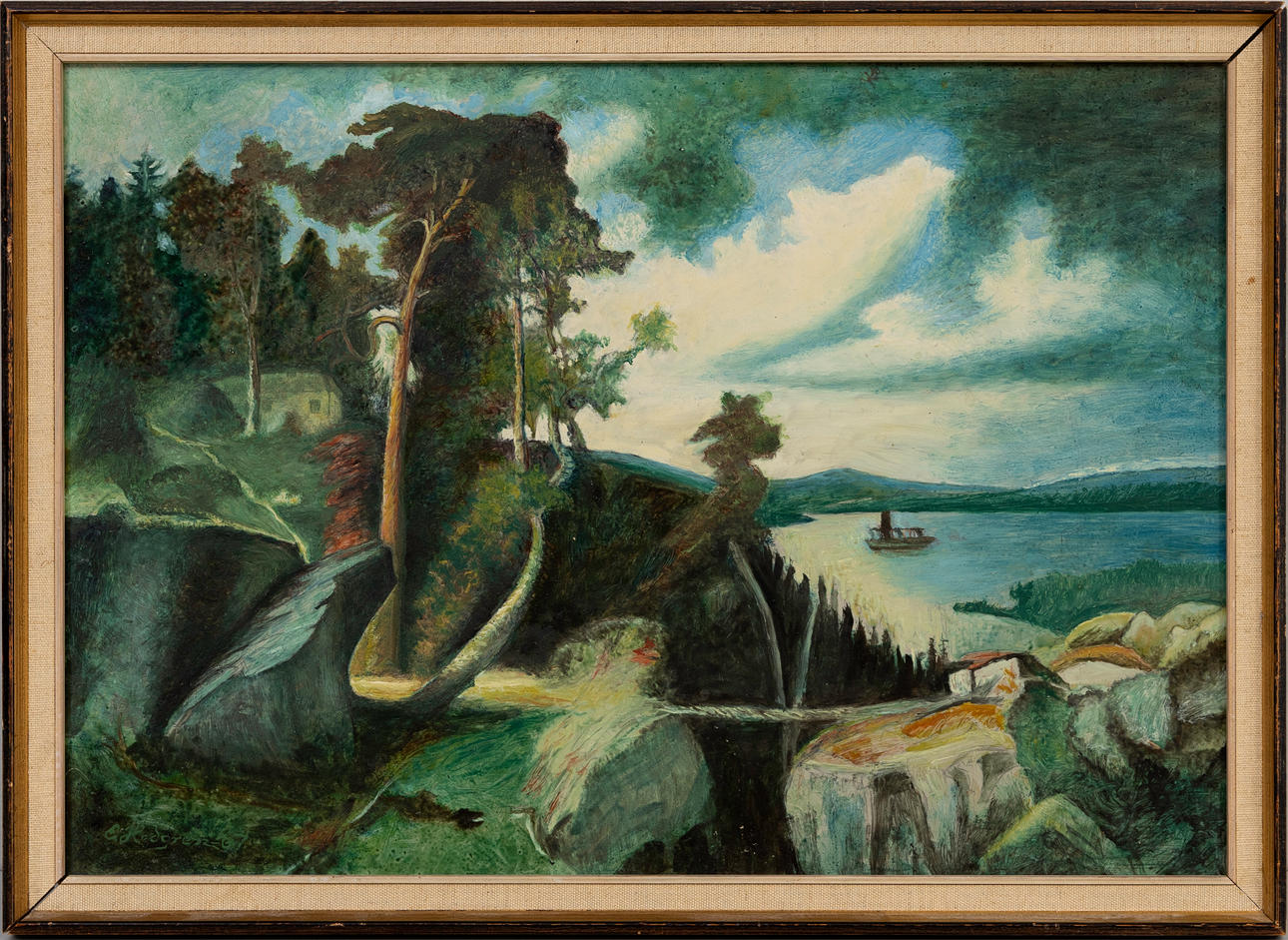 OIDENTIFIERAD KONSTNÄR. Lanskapsbild med båt, bär signatur, E Hedgren.