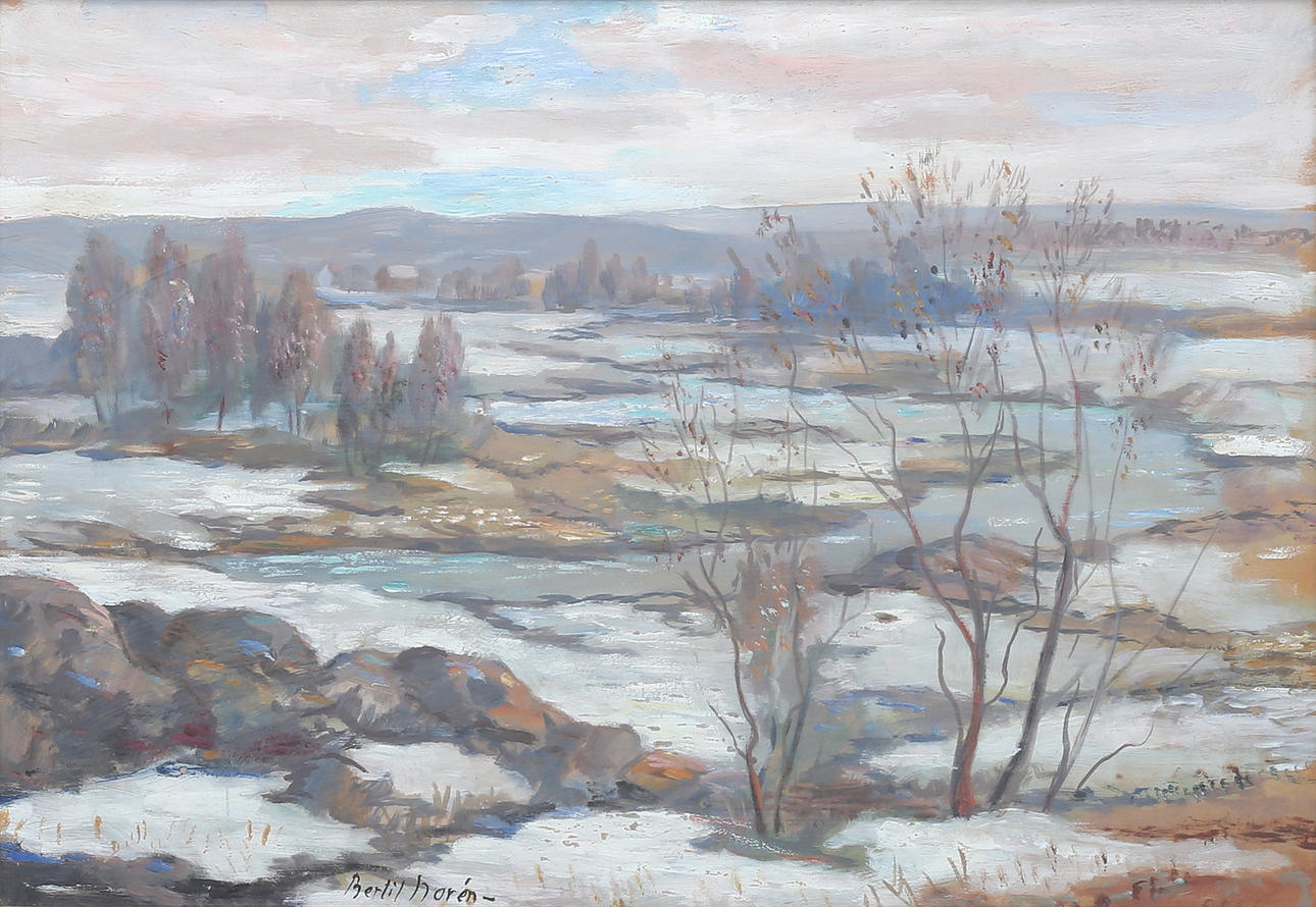 BERTIL  NORÉN. Spring Winter Landscape. Gouache, signed.