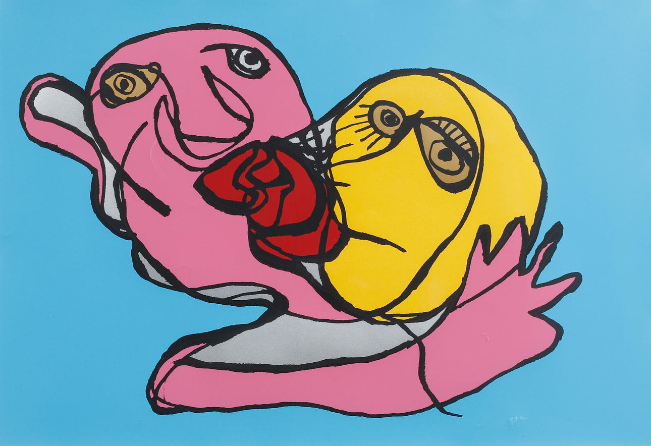 KAREL APPEL. “Sky blue Kiss”, silkscreen in colour, signed and
