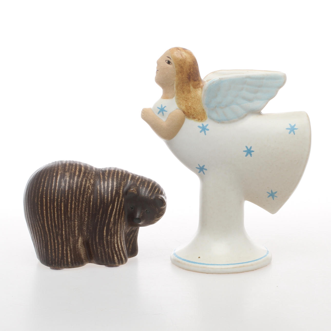 FIGURINER, 2 st, stengods, "Brunbjörn" och "Flygande ängel", Lisa Larson, Gustafsberg.