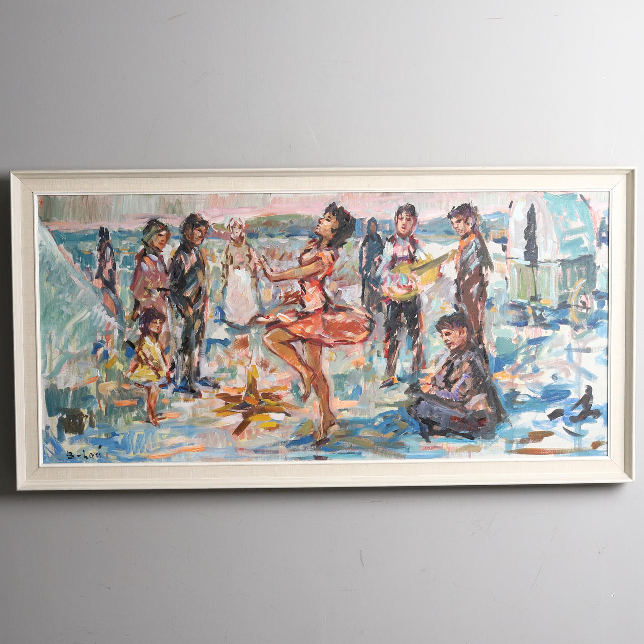 OIDENTIFIERAD KONSTNÄR. Oil on canvas, "Dans kring elden", signed B-Lari.