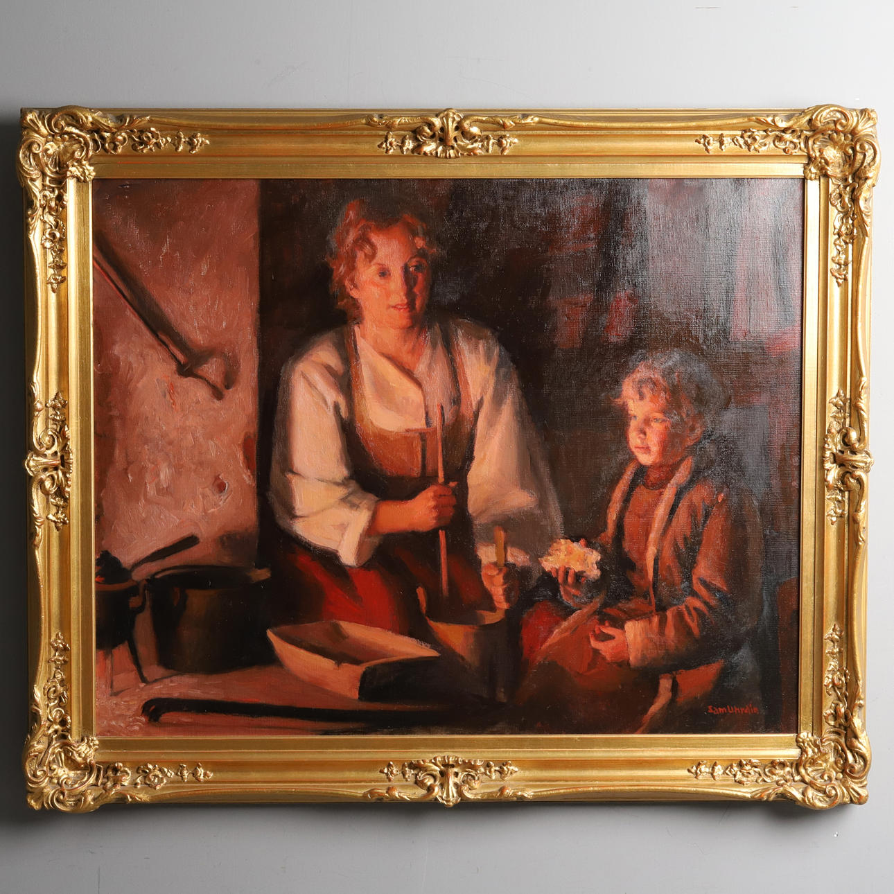 SAM UHRDIN. OIL ON CANVAS, "Allmoge interiör” signed.