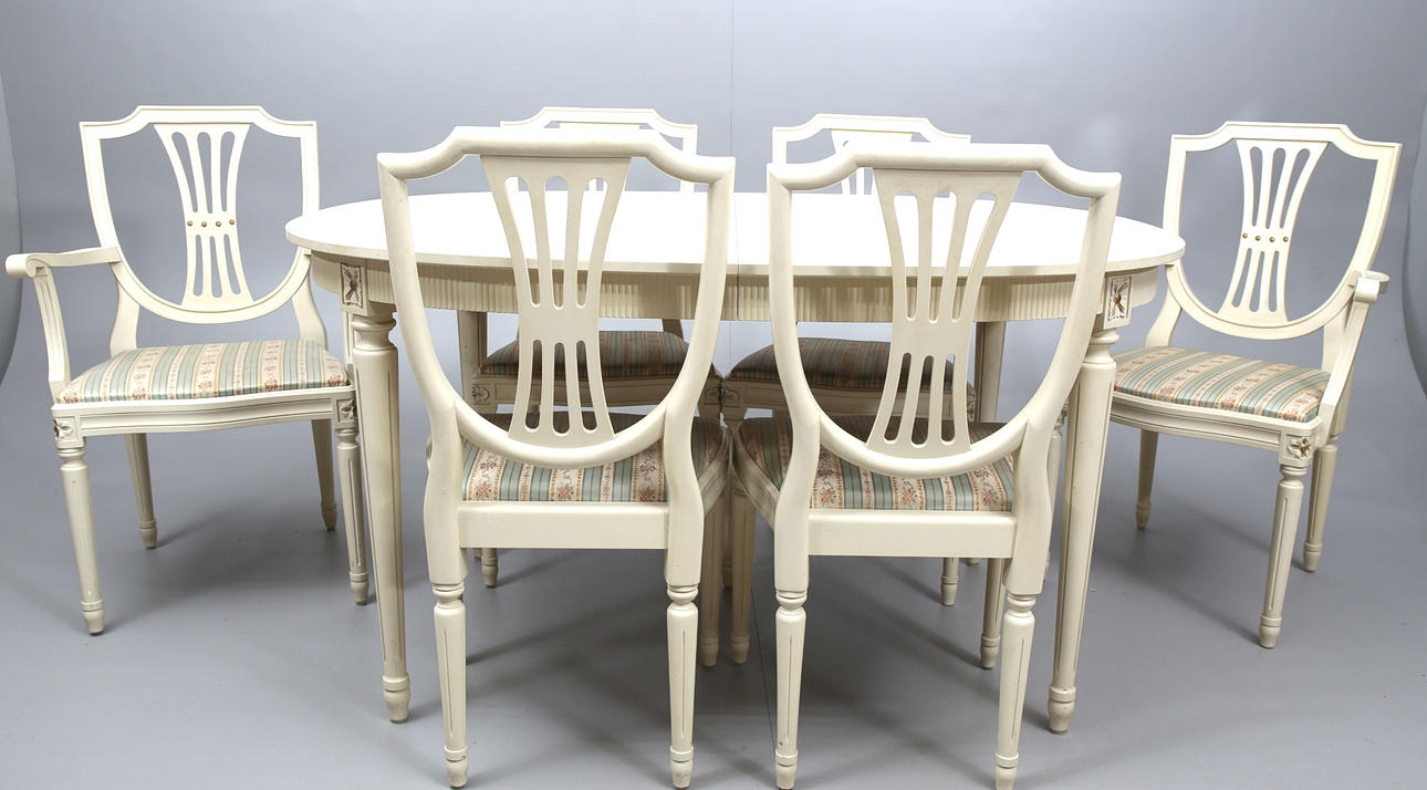 MATSALSMÖBEL, antikvit, 9 delar, gustaviansk stil, 1900-talets andra hälft.