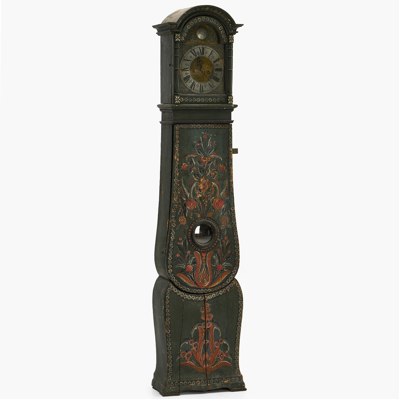 A 1730s floor clock by Anders Polhammar, Stjärnsund, Dalarna. Signed clockwork. Case with original painting.