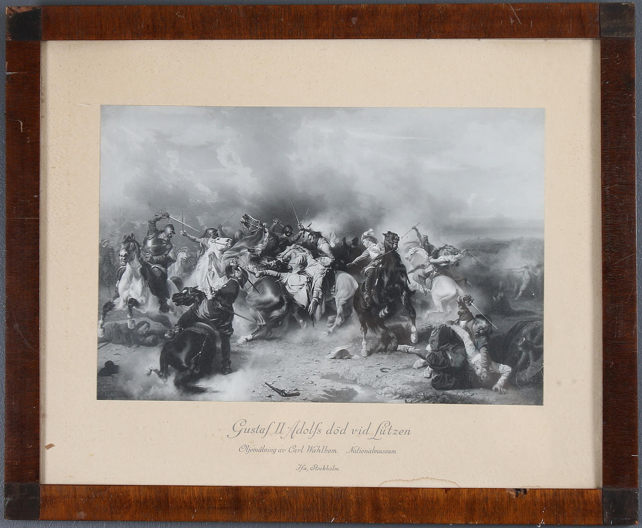 CARL WAHLBOM. Efter, oljetryck, "Gustaf II Adolfs död vid Lützen", märkt "Repr. Godkänd, Nationalmuseum" 18/1900-tal.