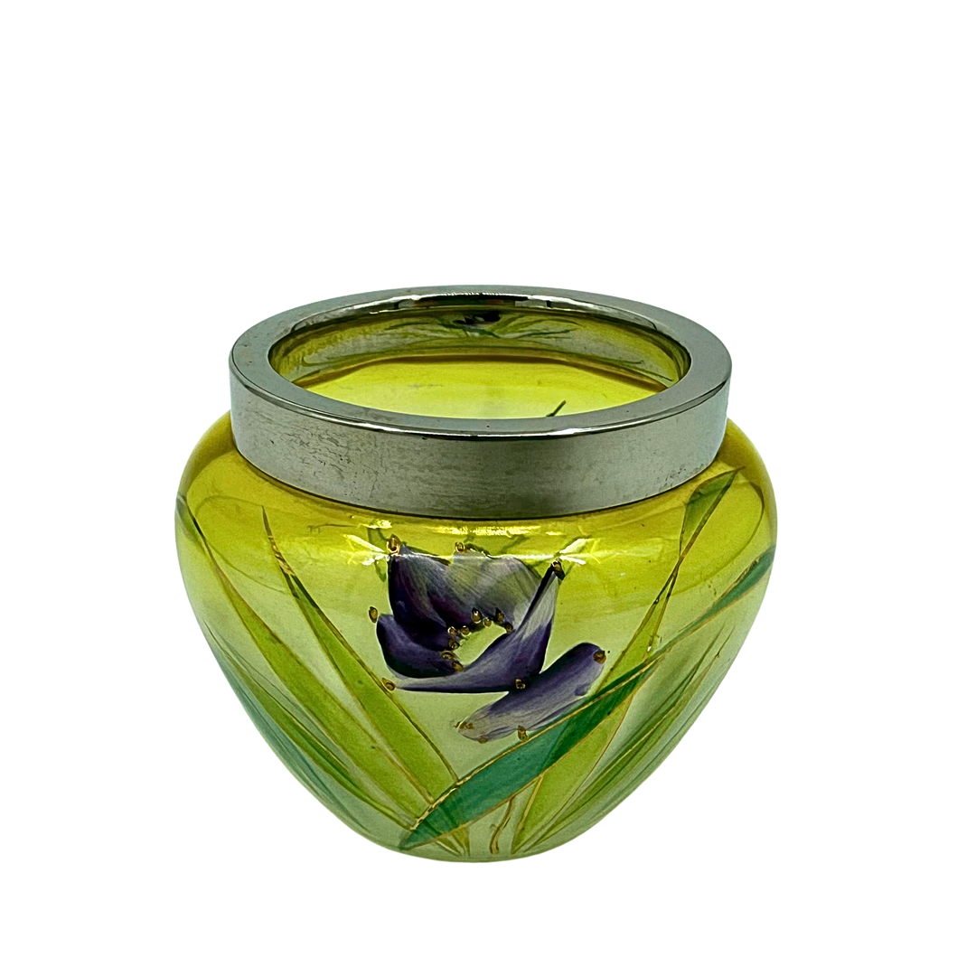 MINIATURE GLASS VASE WITH METAL RING.