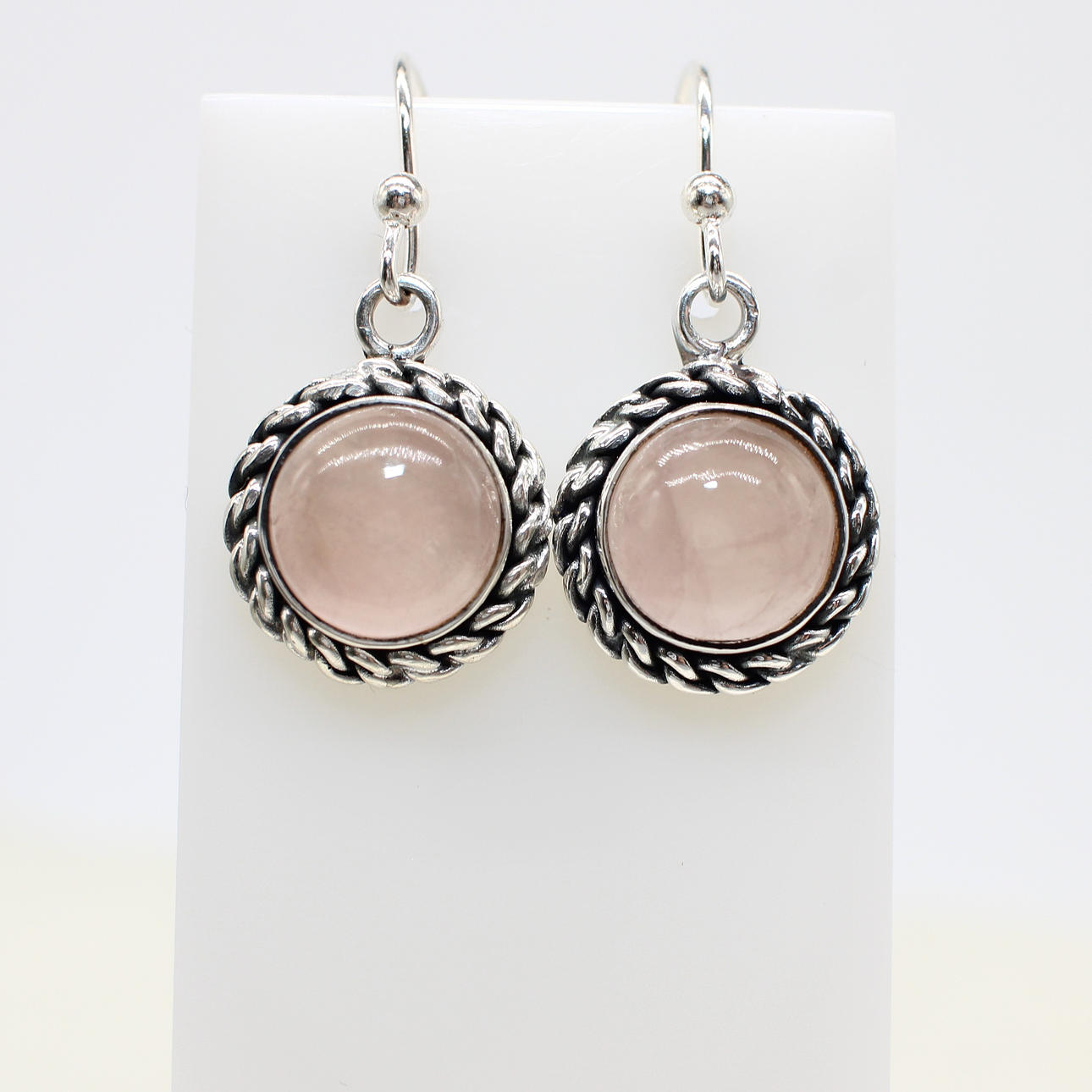 925 SILVER & ROSE QUARTZ EARRINGS.