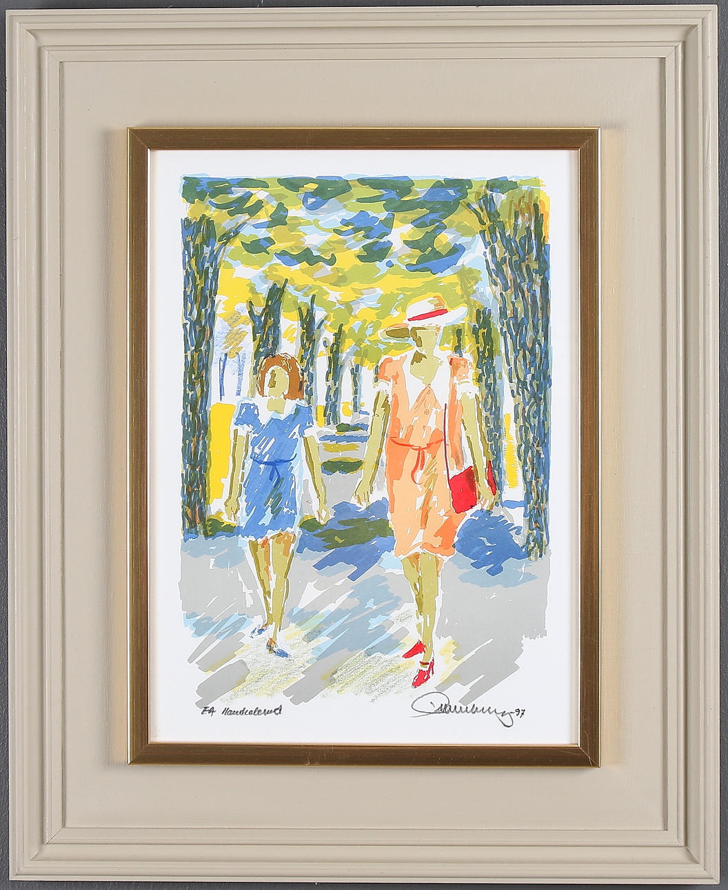 EINAR WENNBERG. Flanörer, handkolrerad färglitografi, signerad, märkt EA.