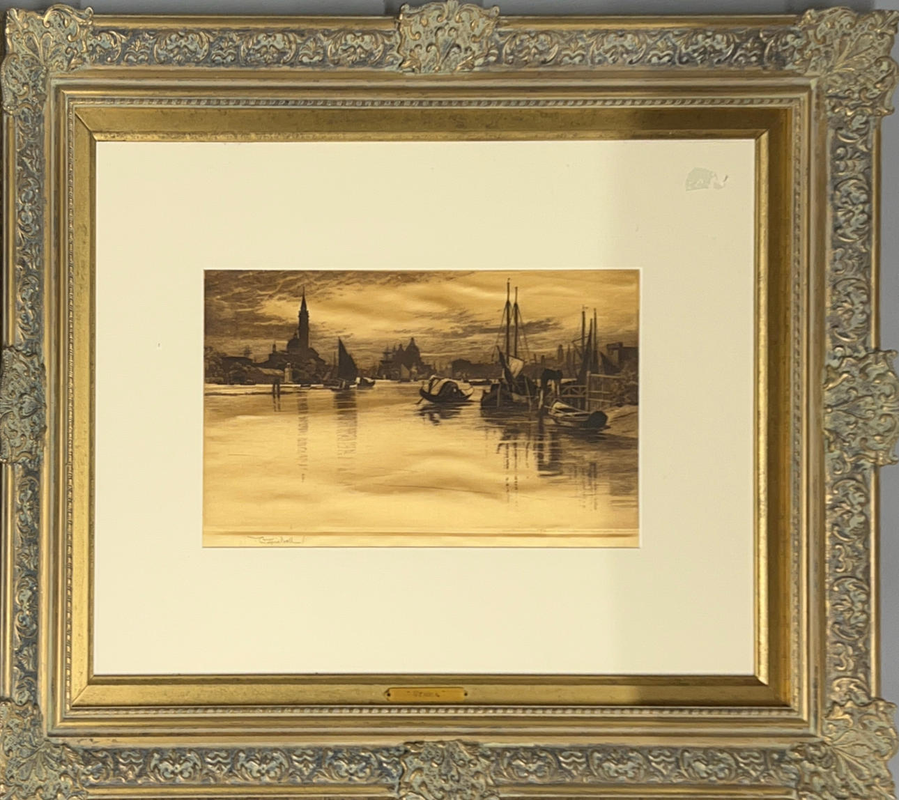 LARGE GILT FRAMED ENGRAVING PRINTED ON FABRIC.