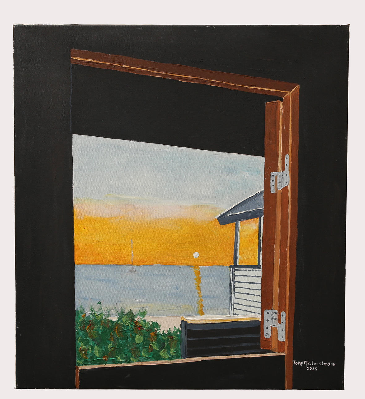 TONY MALMSTRÖM. Olja på duk, "Badhytt i Skanör" signerad, daterad 2025.