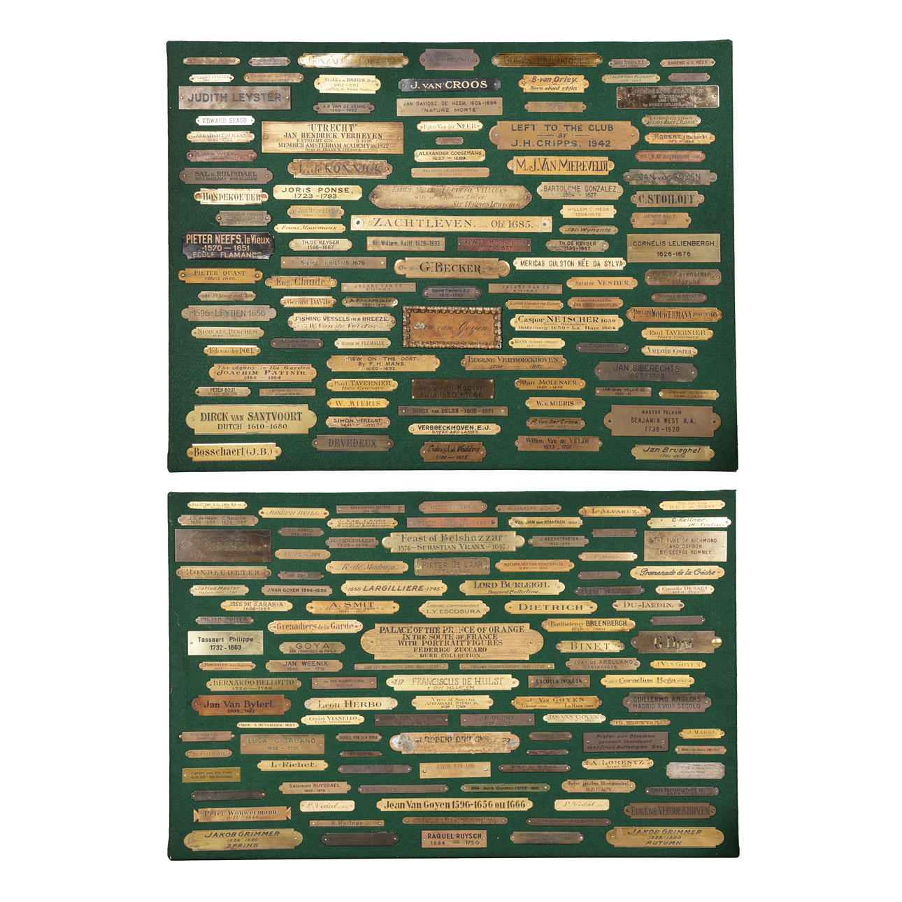 A COLLECTION OF BRASS ARTISTS NAME LABELS MOUNTED ON TWO BOARDS, 19TH ...