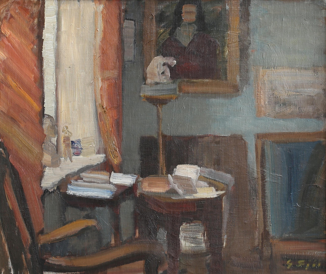 GUSTAF SJÖÖ. Interiör. Olja på pannå, signerad.