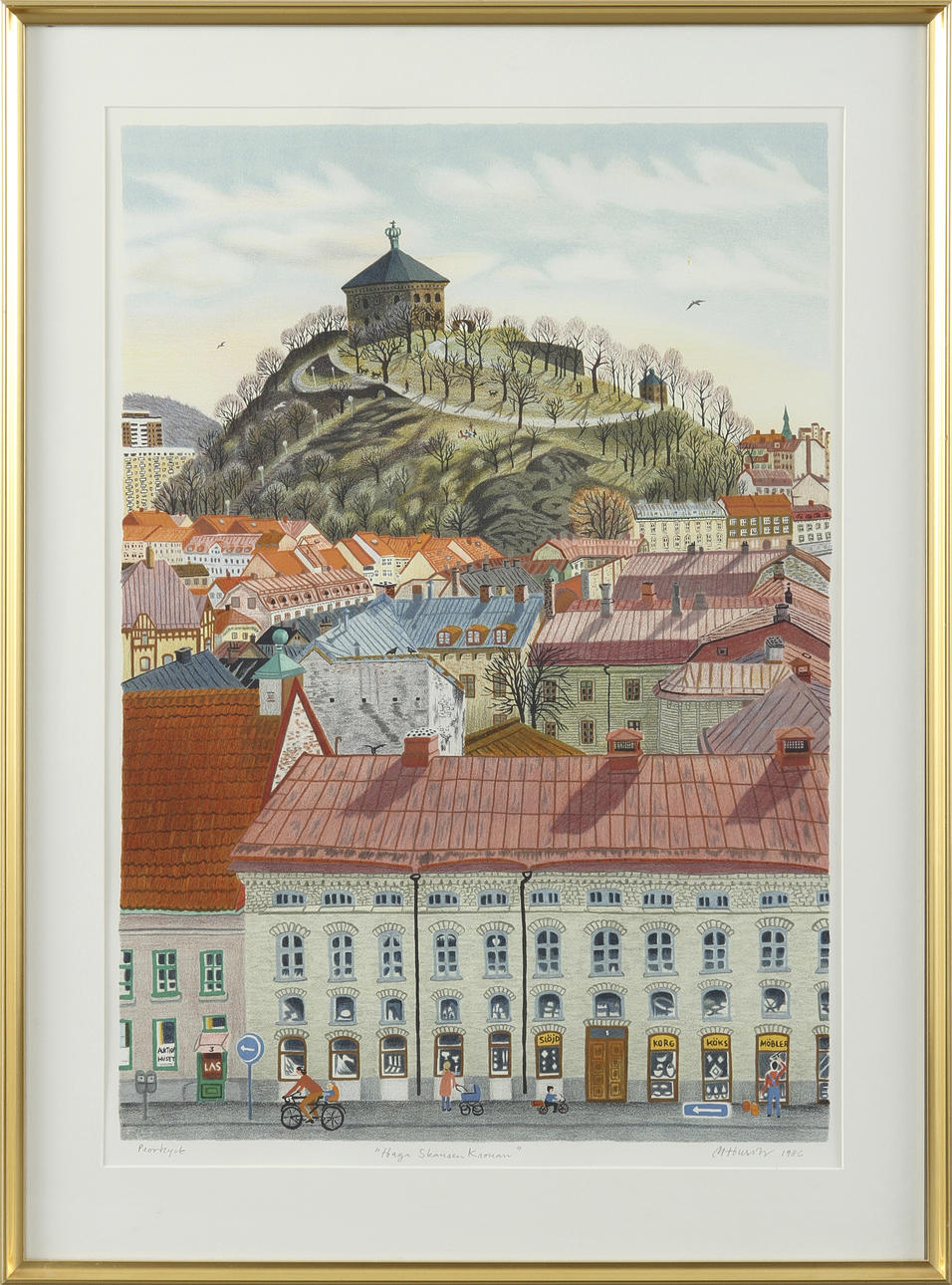 MONA HUSS WALIN. Färglitografi, "Haga Skansen Kronan", signerad, provtryck.